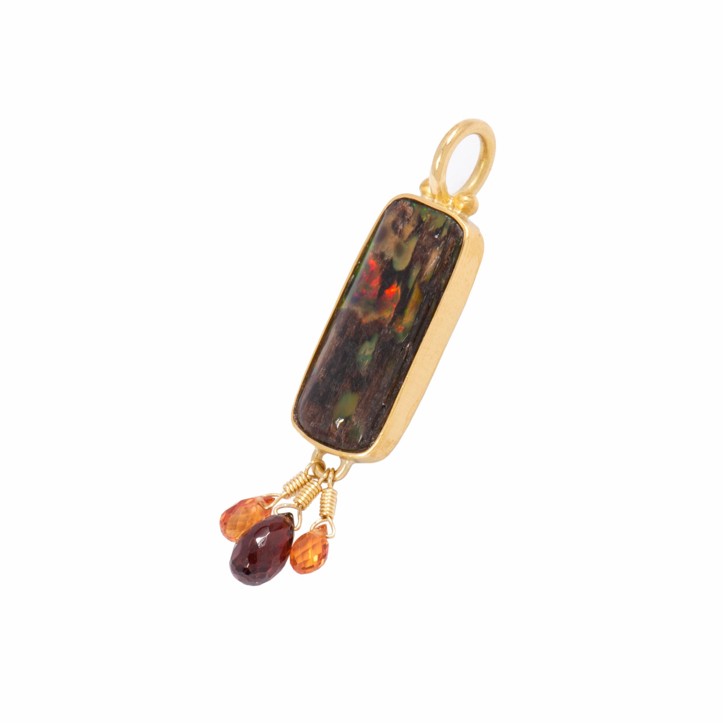 Women's Nevada Wood Opal Pendant with Garnet and Sapphire Briolettes in 22k and 18k Gold For Sale