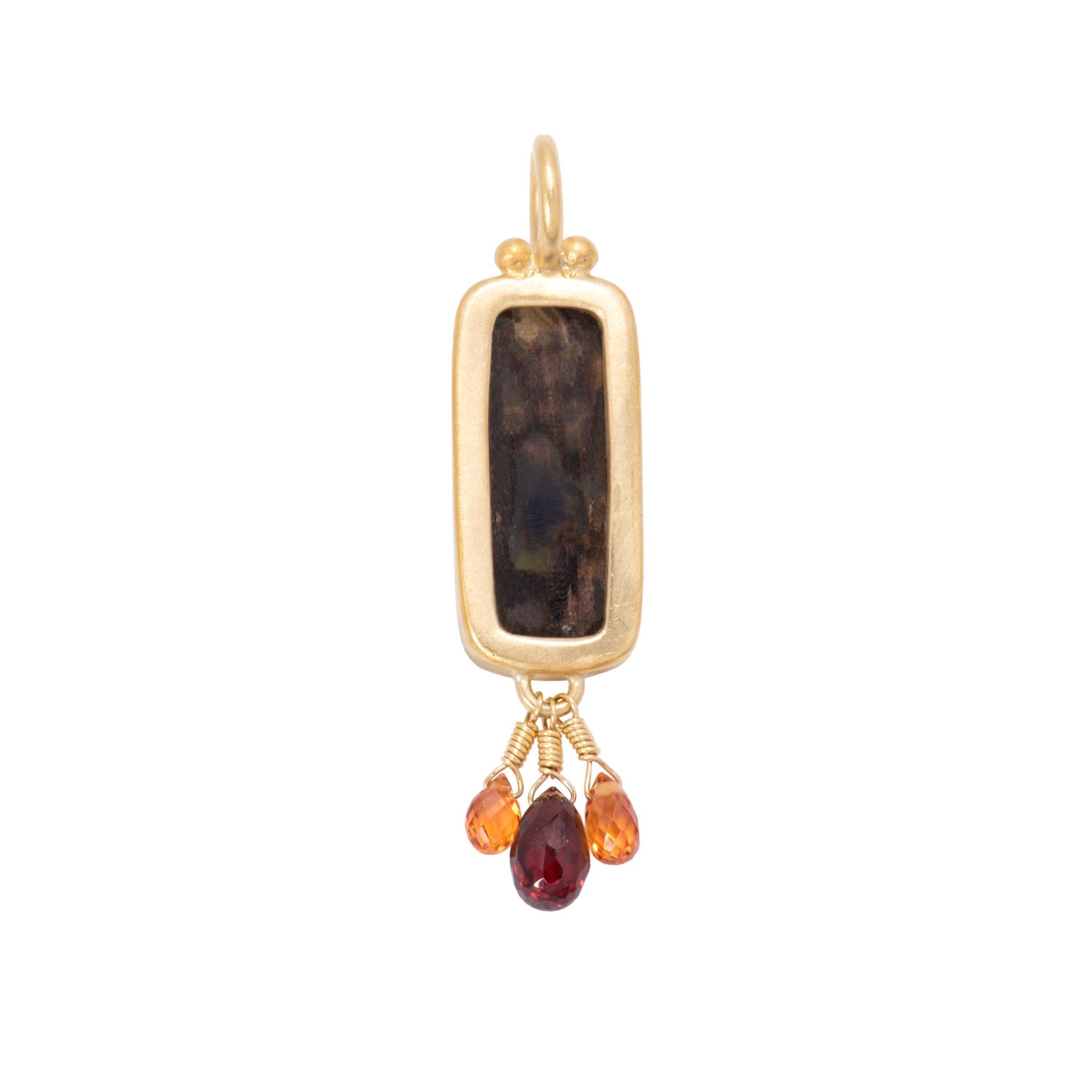 Nevada Wood Opal Pendant with Garnet and Sapphire Briolettes in 22k and 18k Gold For Sale 2