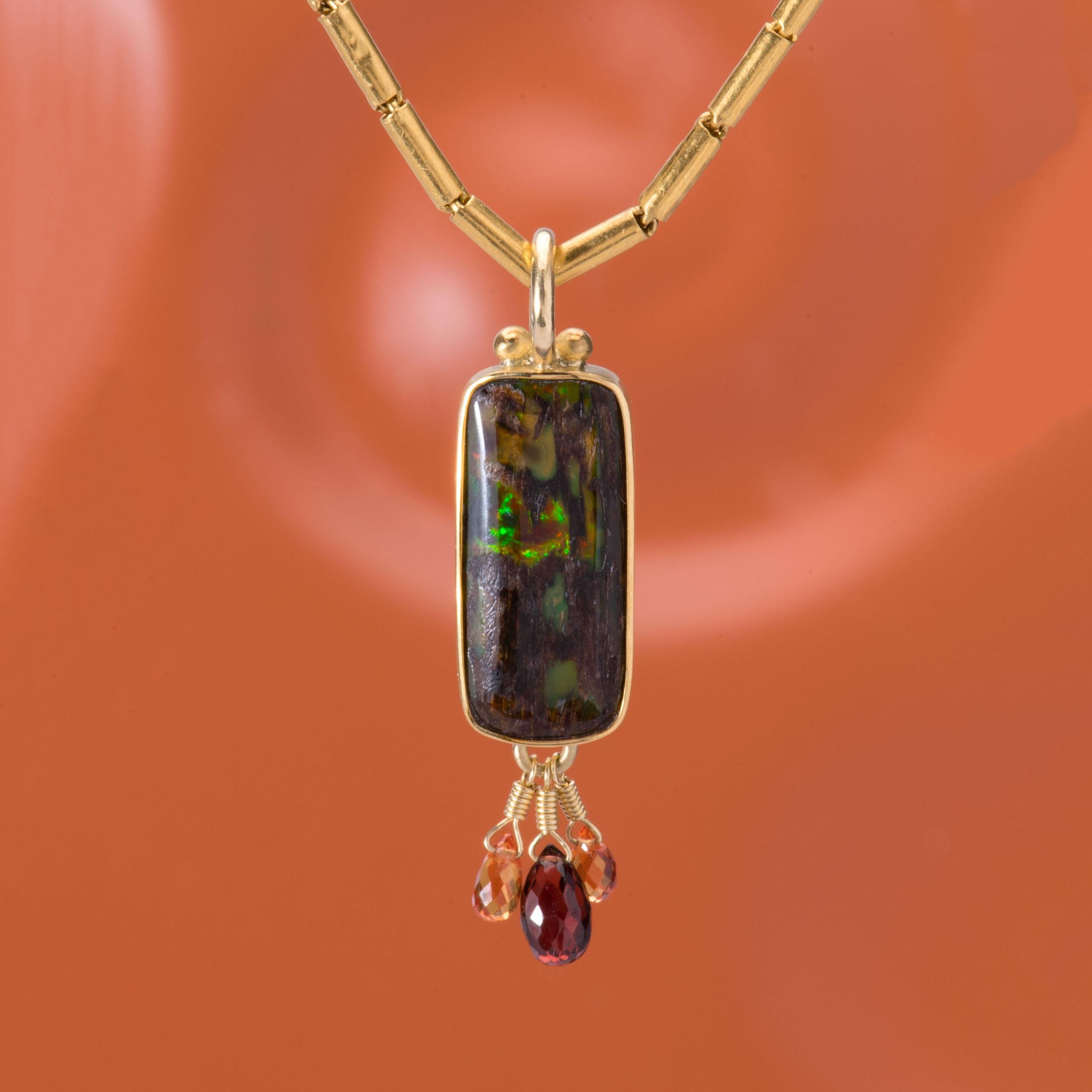 Nevada Wood Opal Pendant with Garnet and Sapphire Briolettes in 22k and 18k Gold For Sale 3