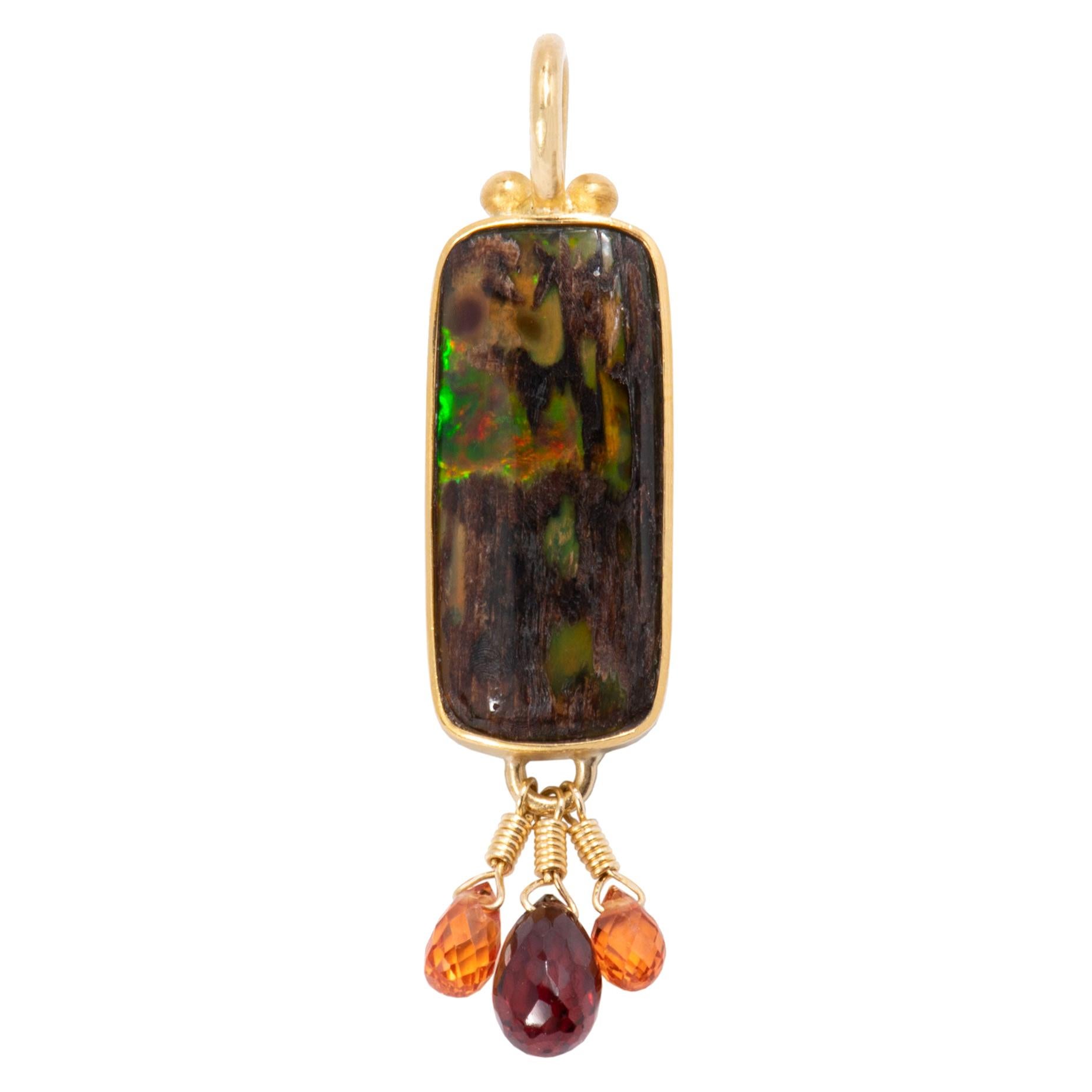 Nevada Wood Opal Pendant with Garnet and Sapphire Briolettes in 22k and 18k Gold For Sale