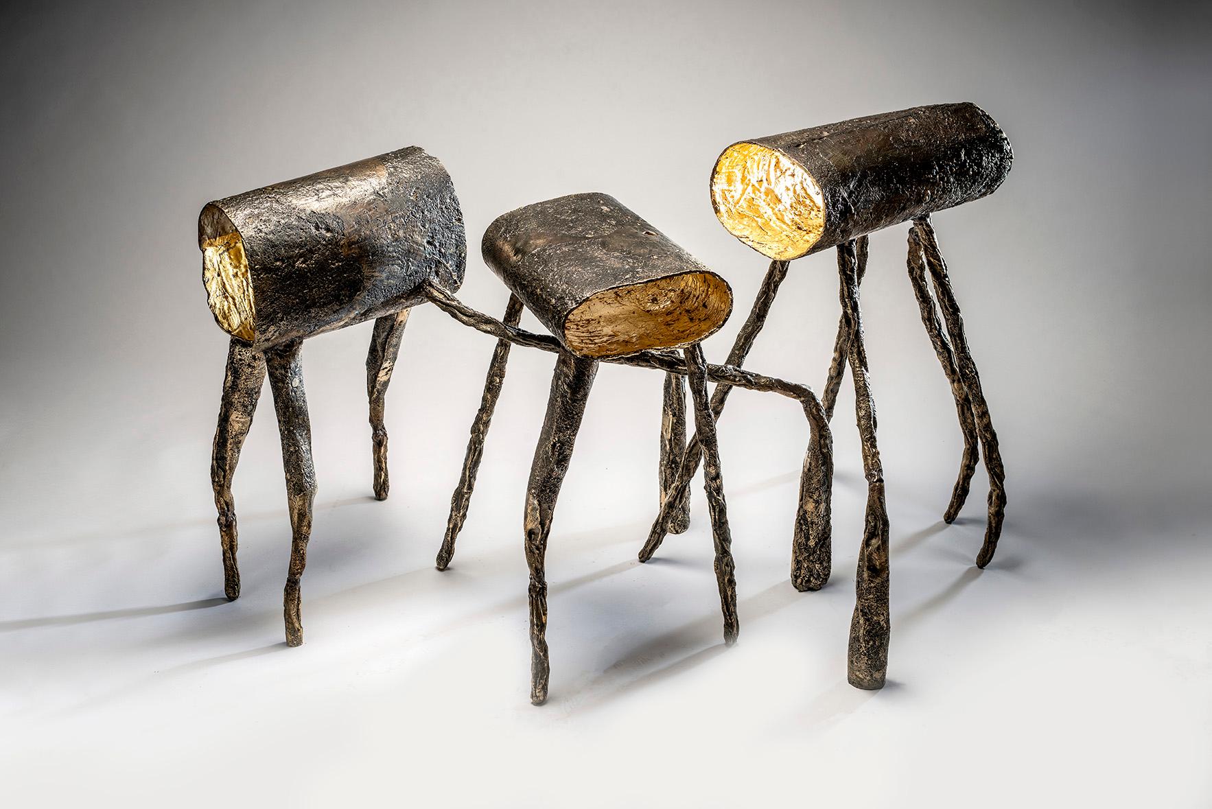 Never less alone than when alone stools, 2019
Cast bronze and gold leaf low polish
Measures: Left stool: 26.5 x 32 x 24 in
Center stool: 24.5 x 16 x 16 in
Right stool: 29 x 21 x 21 in.