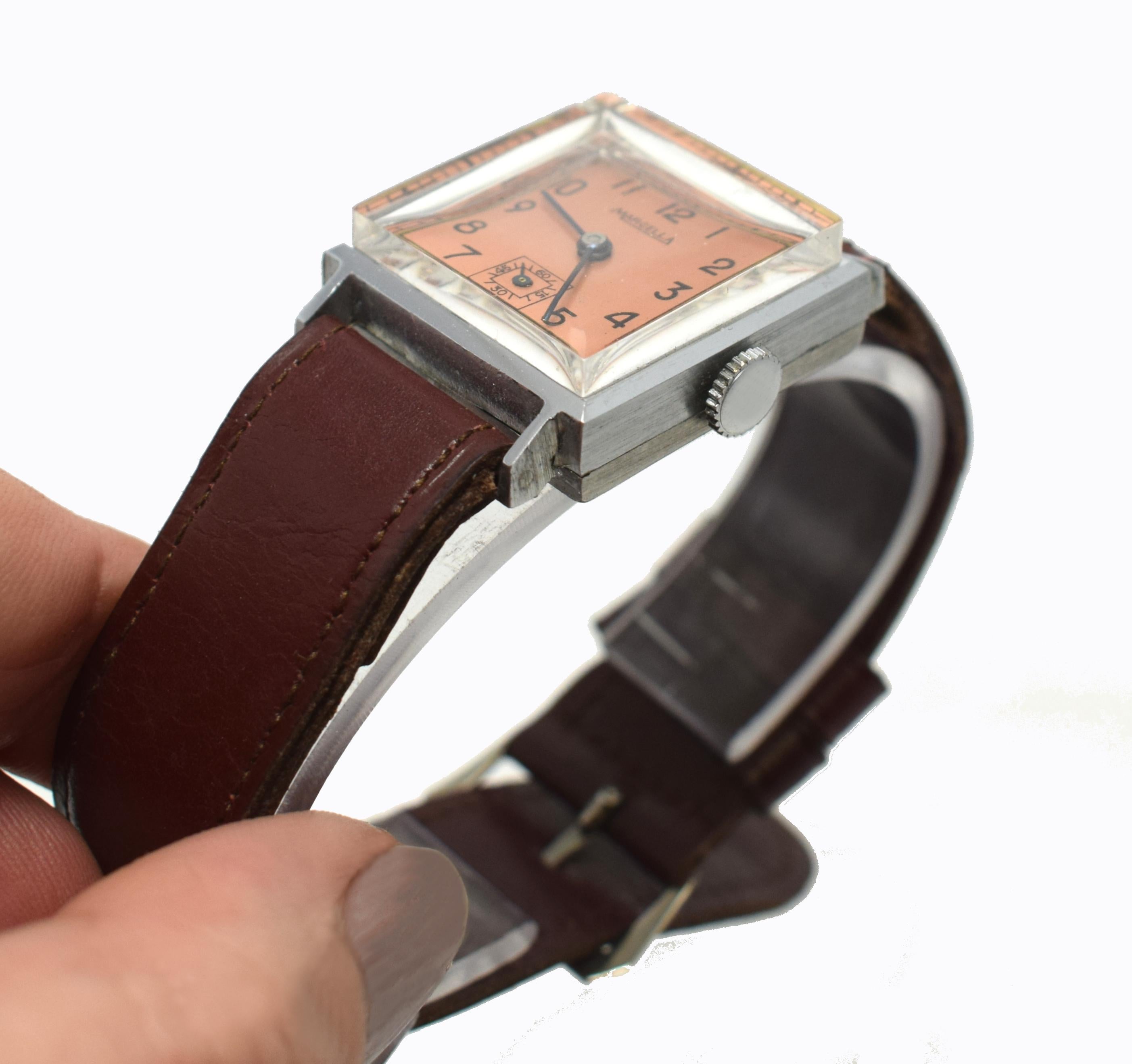 Never Used Art Deco Gents Wristwatch, 1930s, Marcella In Excellent Condition In Westward ho, GB