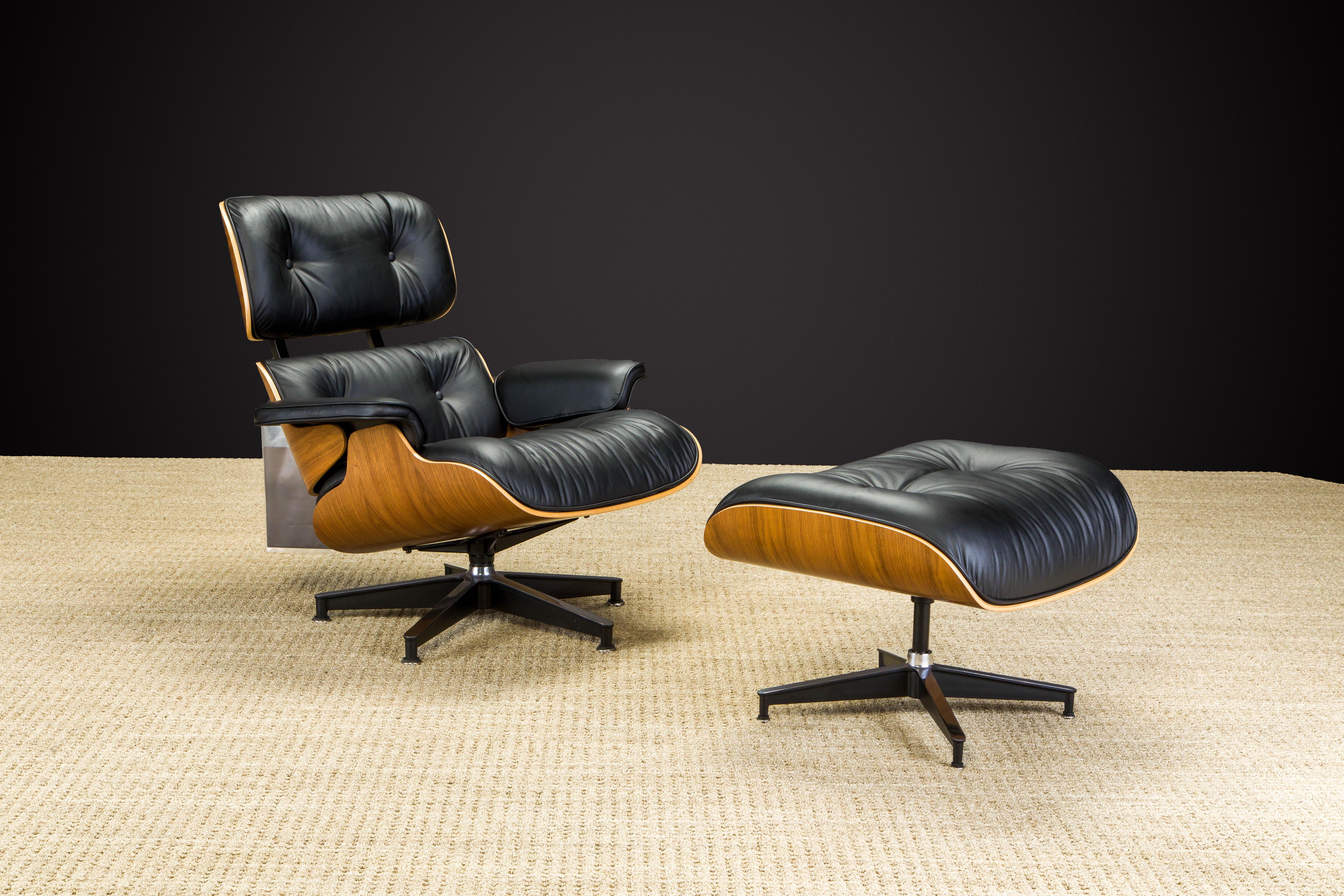This is a unique and an incredible opportunity for a collector to acquire a very special never-used example of the circa 1984 Eames Lounge Chair (model #670) and Ottoman (model #671) in classic black leather and Walnut shells (frame). This