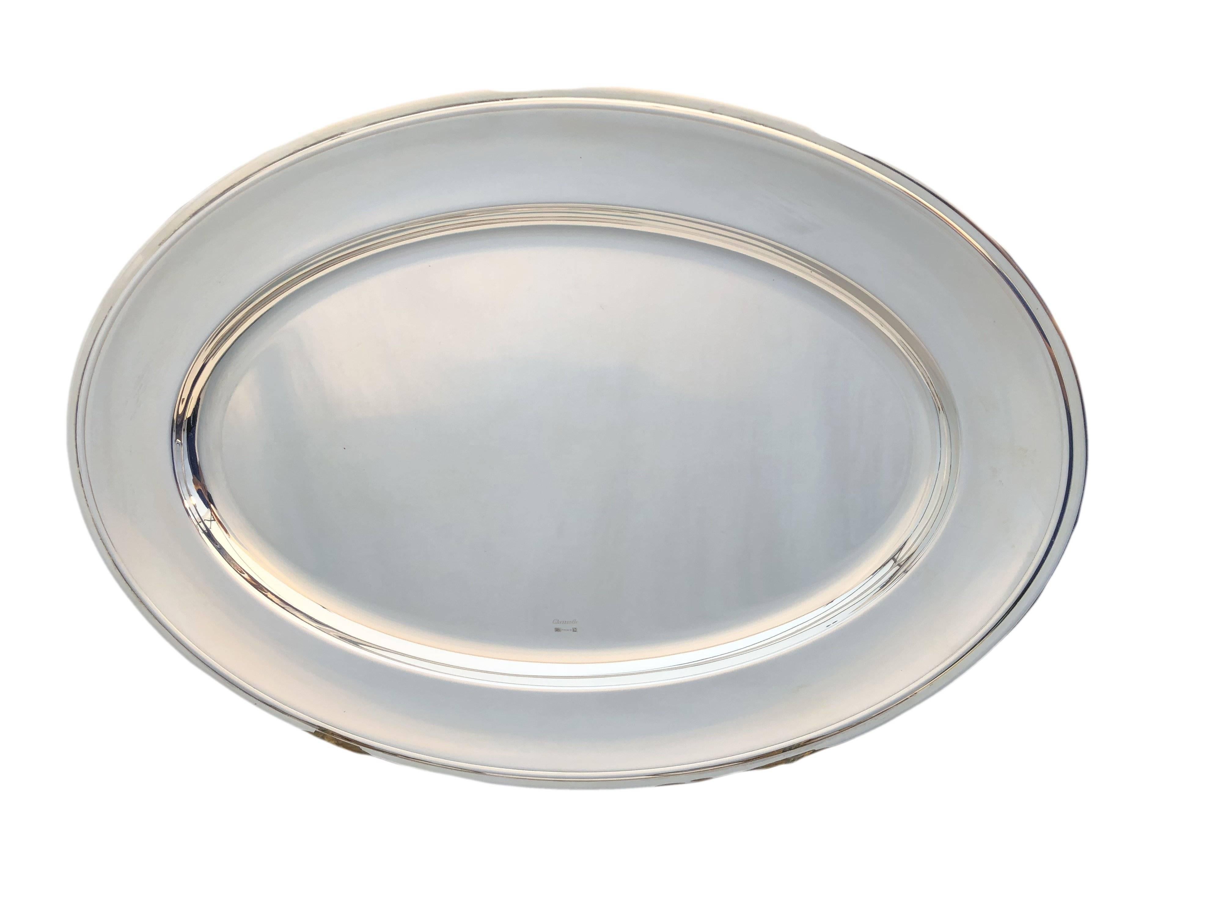 French Never Used Christofle Silver Plated Oval Serving Tray in Box, Model Vibrations