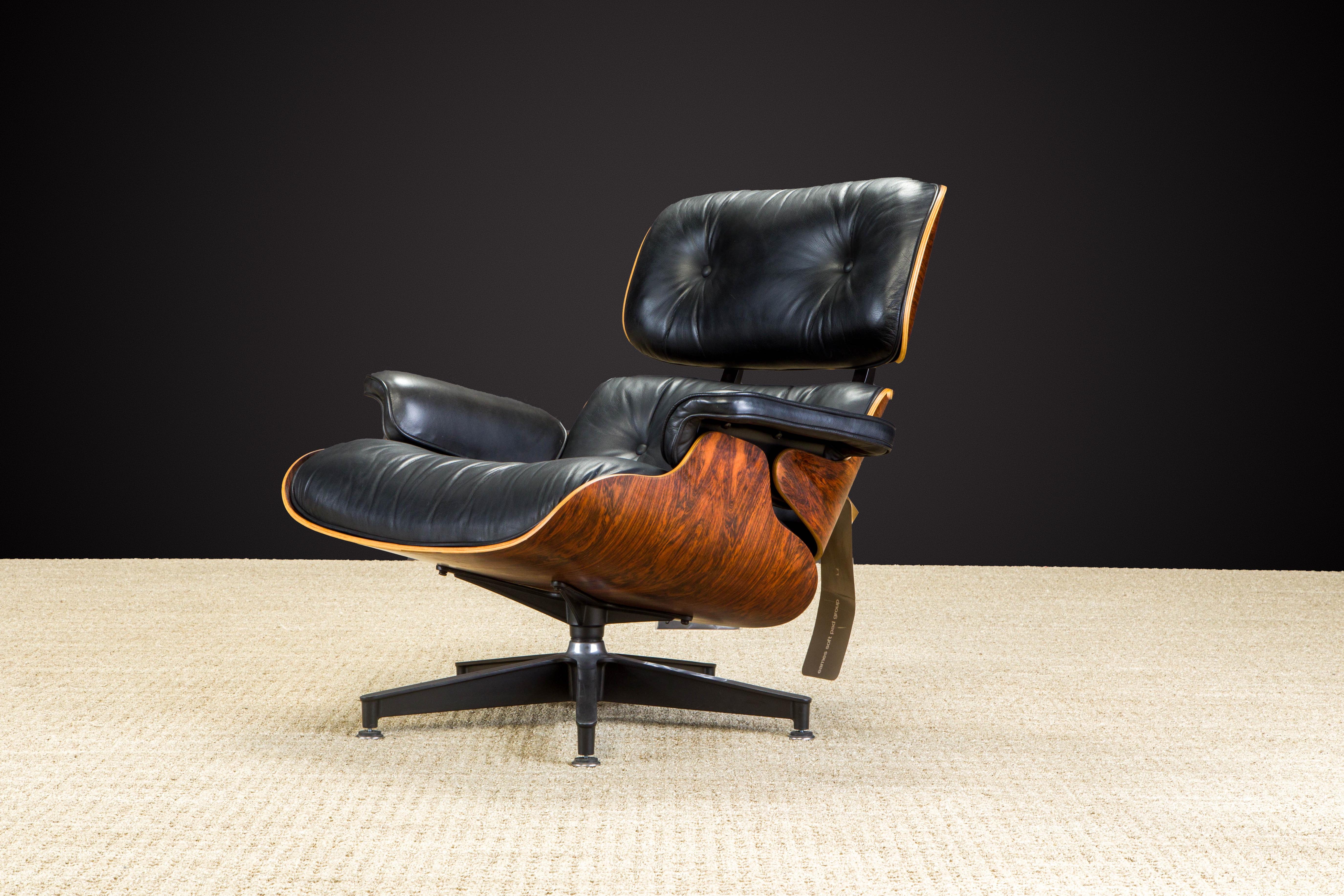 Leather Never-Used Rosewood Eames #670 Lounge Chair for Herman Miller, c 1979, Signed