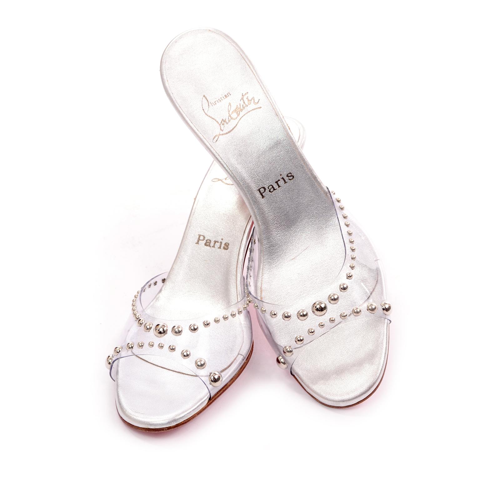 Never Worn Christian Louboutin Shoes Clear Open Toe Slides w Silver Studs Sz 39 In New Condition In Portland, OR