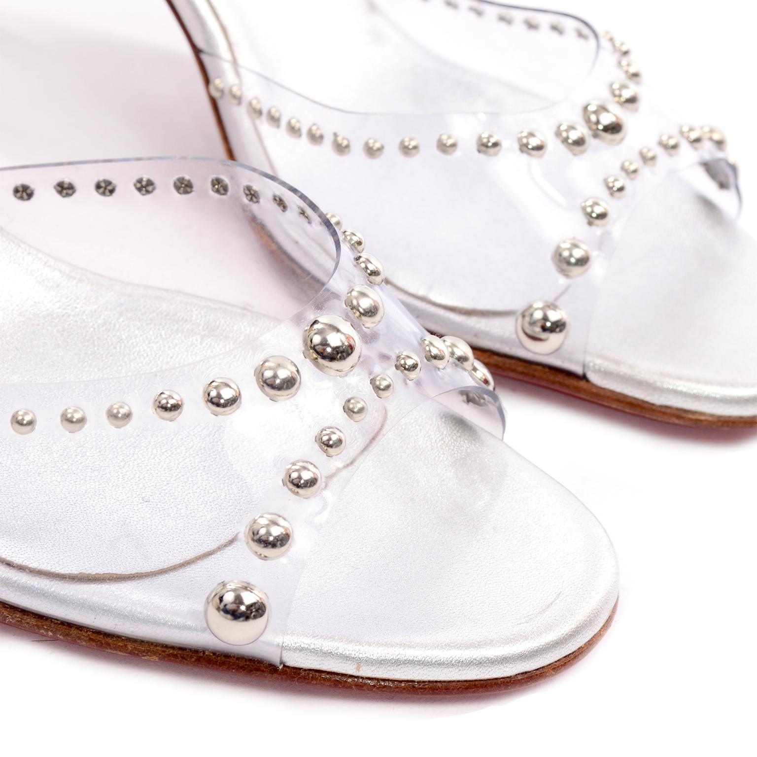 Women's Never Worn Christian Louboutin Shoes Clear Open Toe Slides w Silver Studs Sz 39