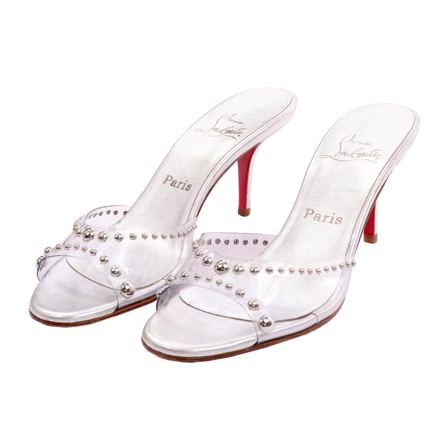 Never Worn Christian Louboutin Shoes Clear Open Toe Slides w Silver Studs Sz 39