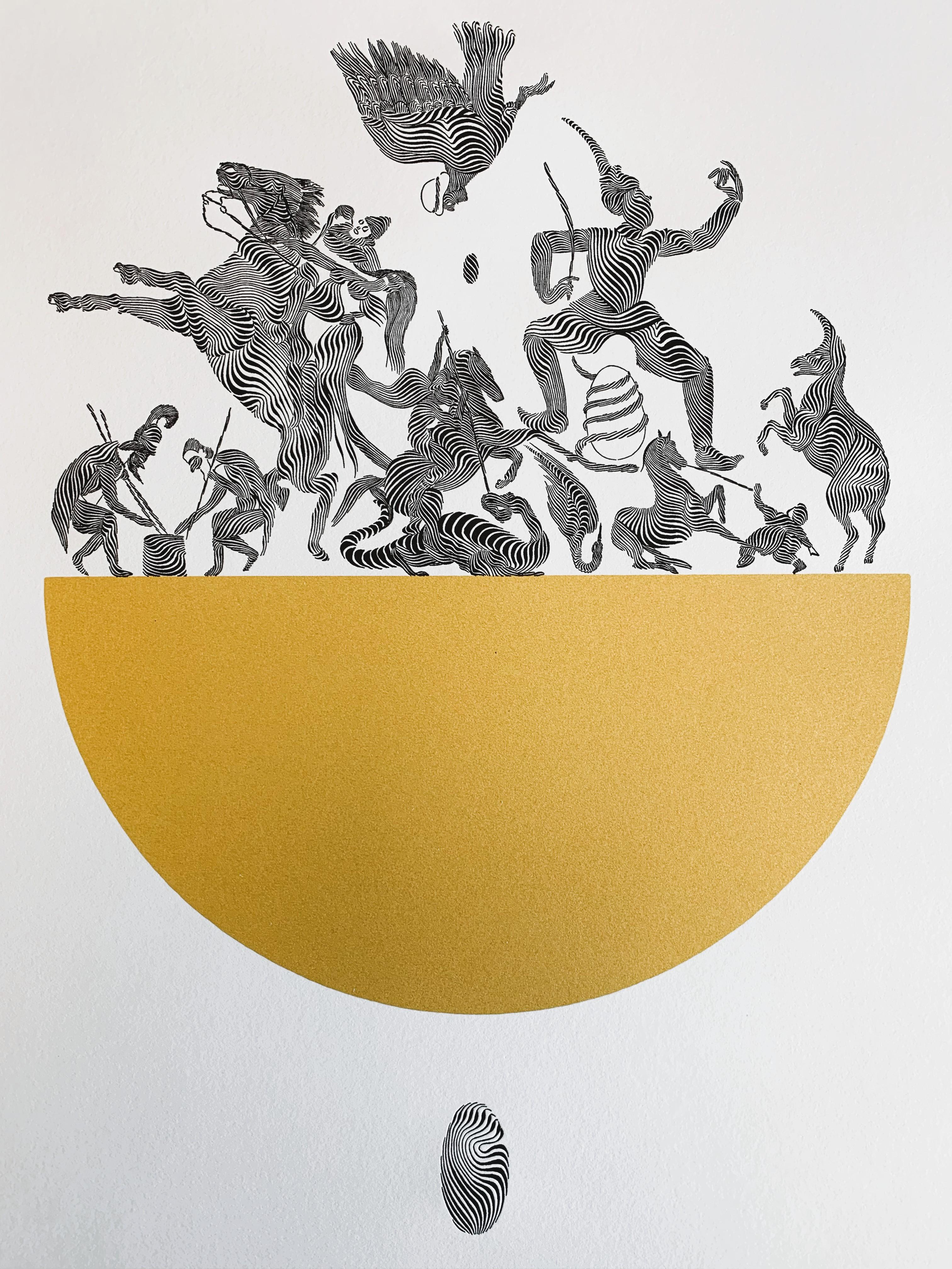 KALIYUGA Gold Screen Print + Black Letter Press Limited Edition Signed, Numbered - Beige Figurative Print by Never2501