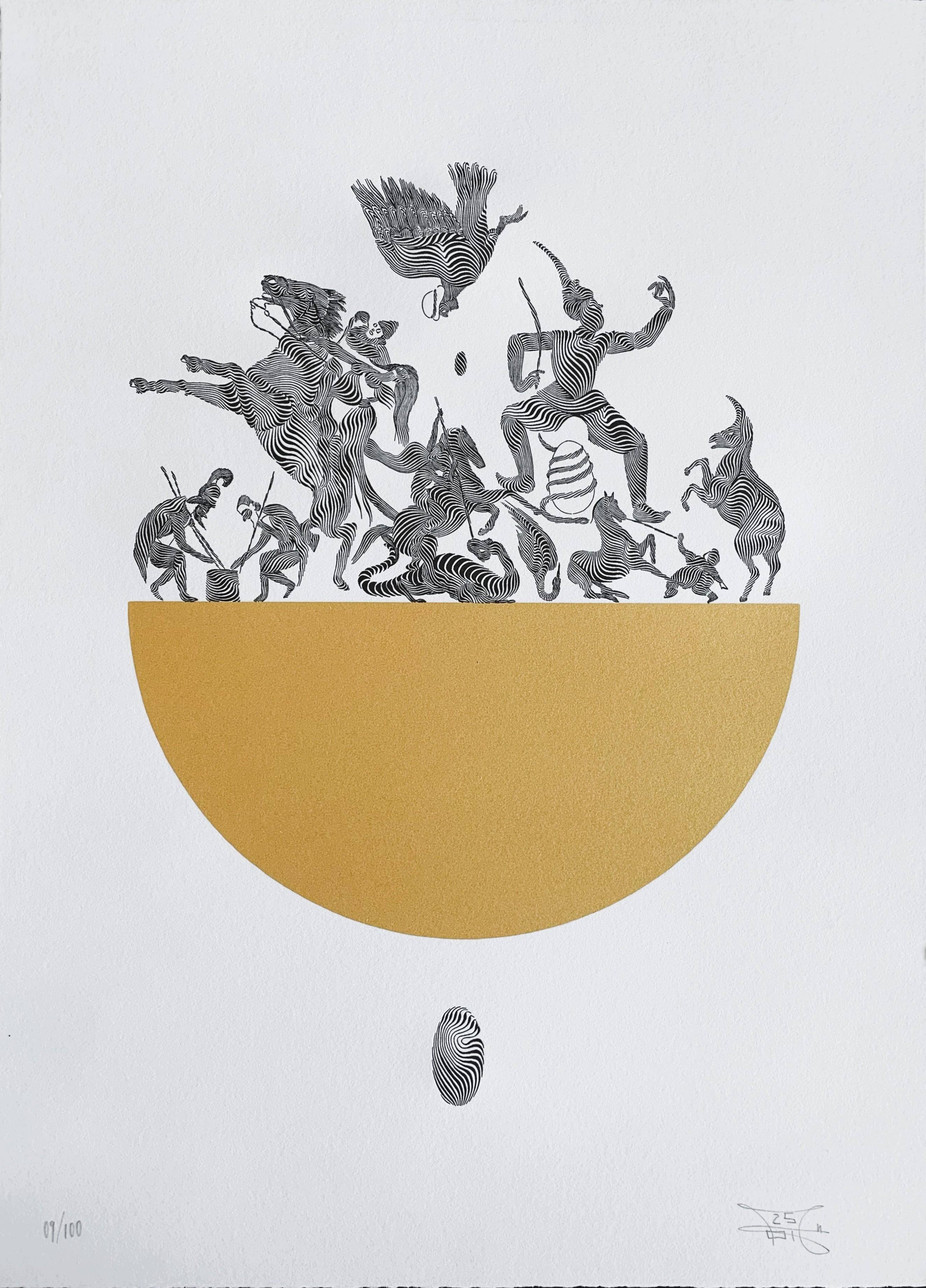 Never2501 Figurative Print - KALIYUGA Gold Screen Print + Black Letter Press Limited Edition Signed, Numbered