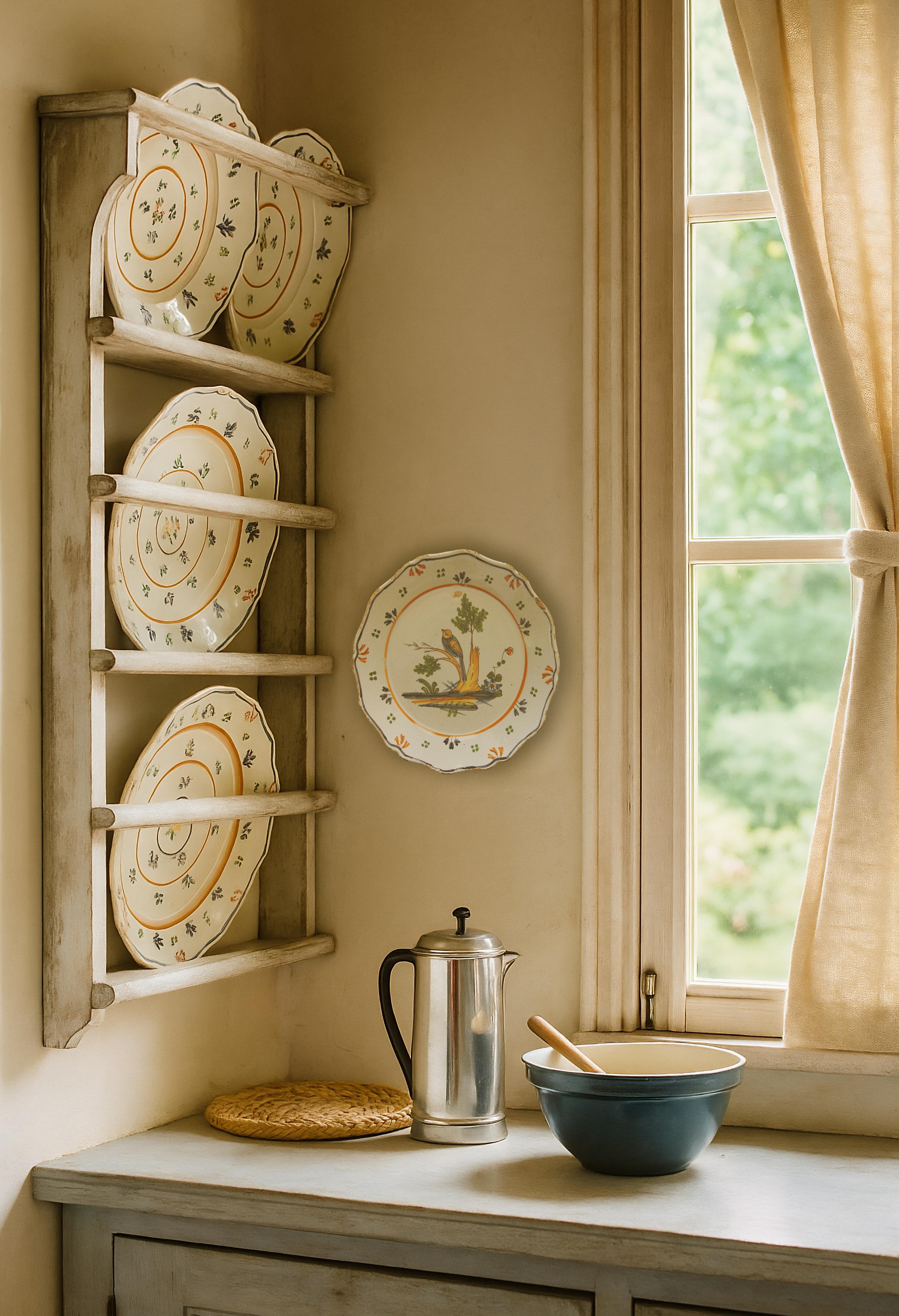 A wonderful 18th century Nevers polychrome plate feauturing a colorful bird perched on the branch of a tree, a flower at the base. Hand painted in vibrant orange, yellow, green, and lavender with a floral motif around the border of the scalloped rim.