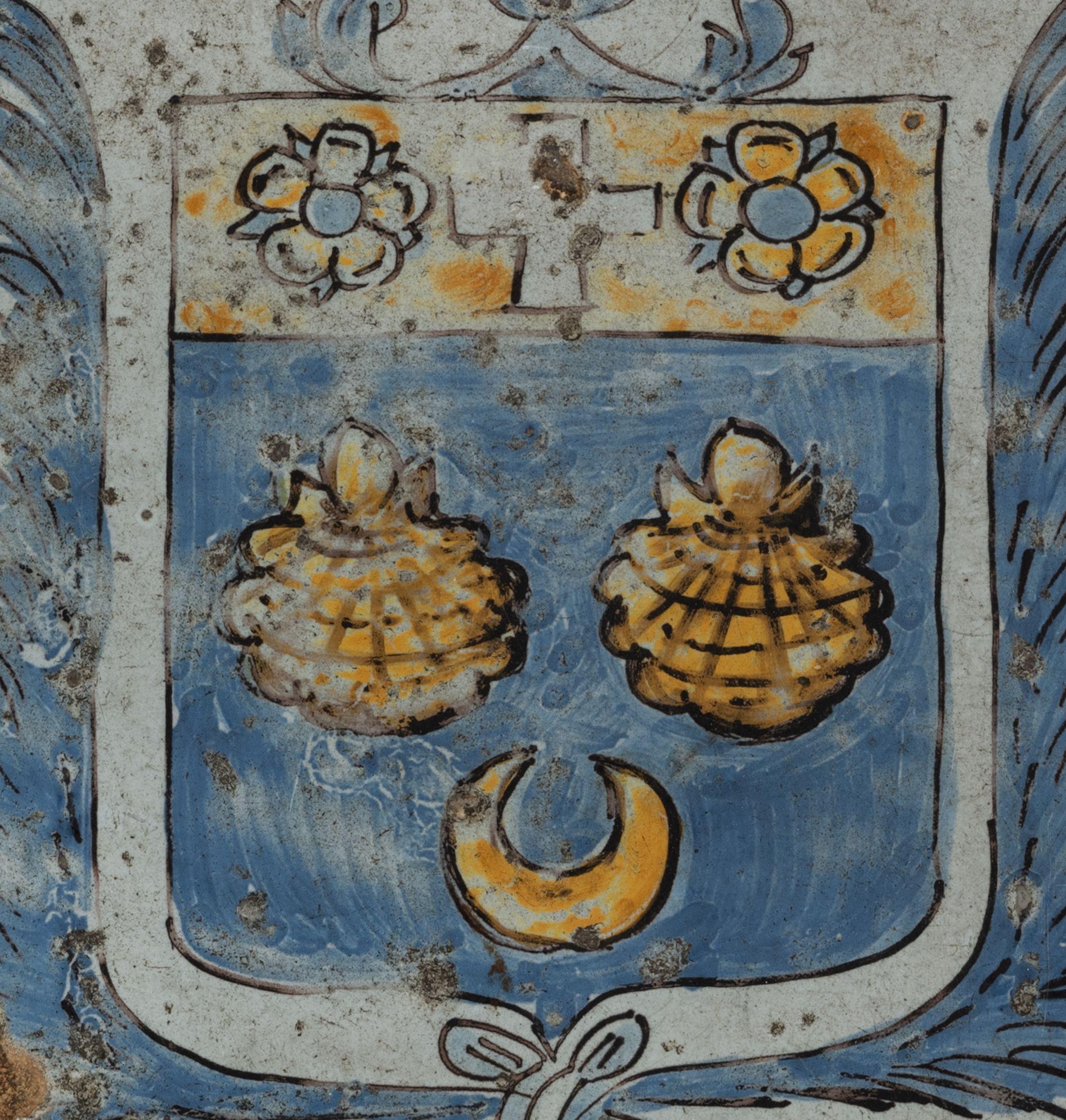 French Nevers, glazed floor tile with the coat of arms of the Montesquieu family 17th C For Sale