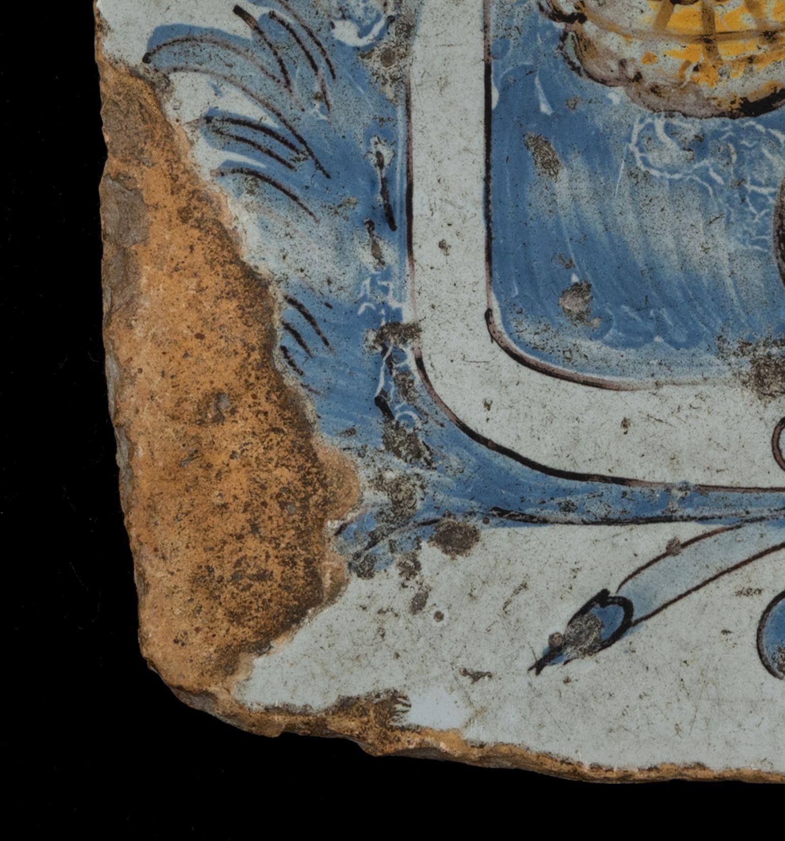 Glazed Nevers, glazed floor tile with the coat of arms of the Montesquieu family 17th C For Sale