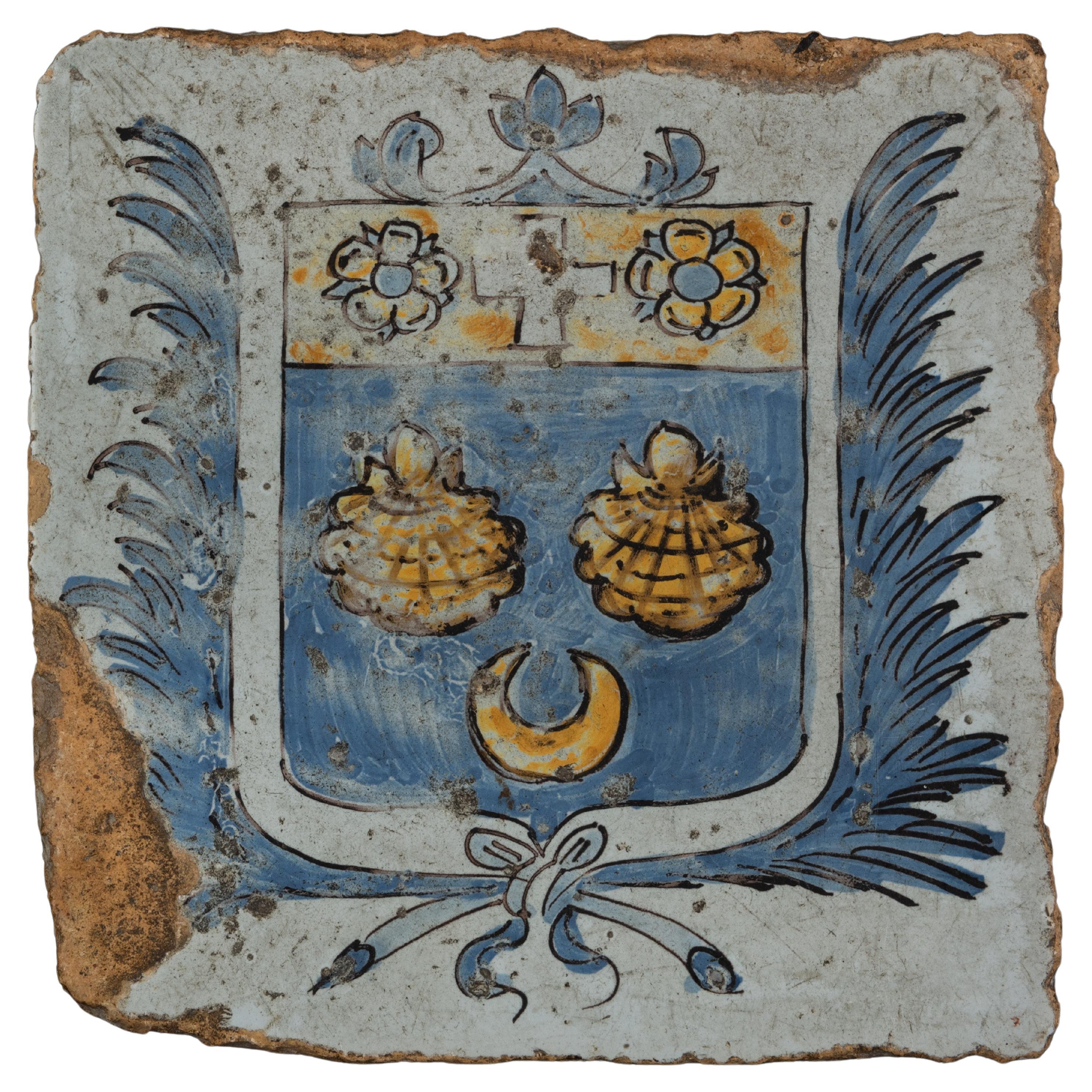 Nevers, glazed floor tile with the coat of arms of the Montesquieu family 17th C For Sale