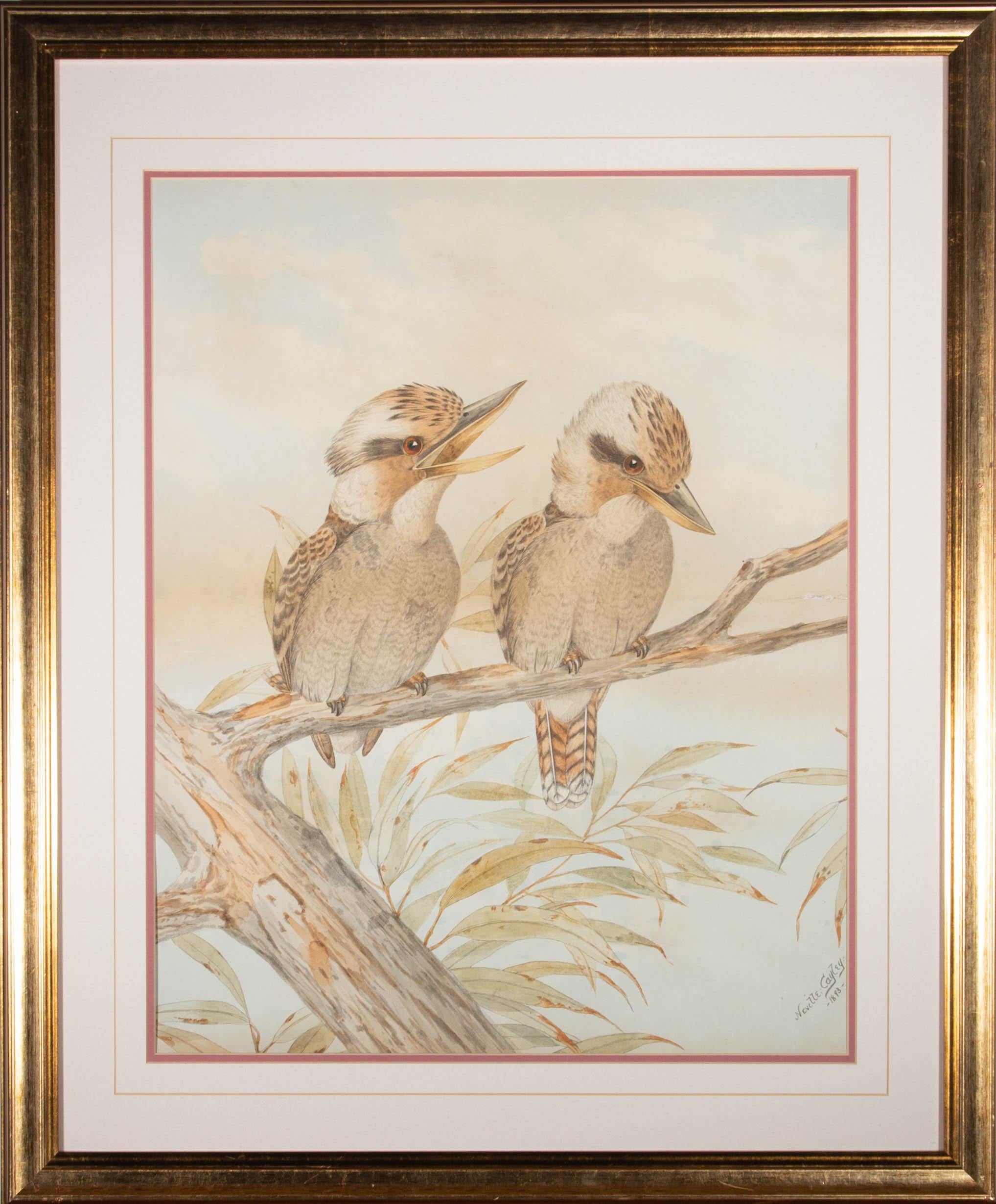Lithographie colorée à la main représentant un couple de kookaburras perchés sur une branche. Présenté glacé dans une double monture crème et rose et un cadre en bois à effet doré. Signé et daté dans la planche dans le coin inférieur droit. On a