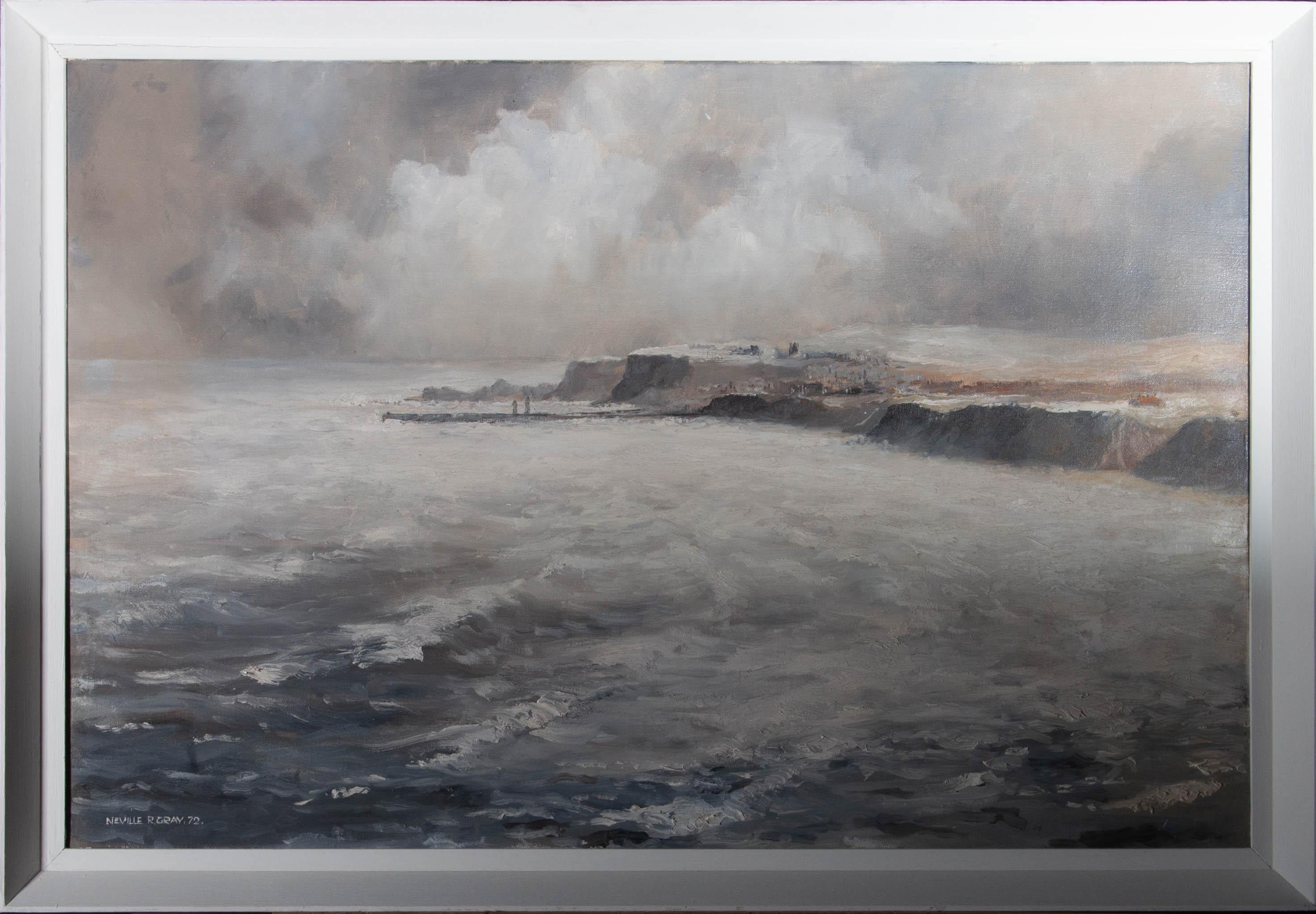 An atmospheric painting of a stormy seascape. Presented in a white painted wooden frame. Signed and dated to the lower-left edge. On canvas on stretchers.
