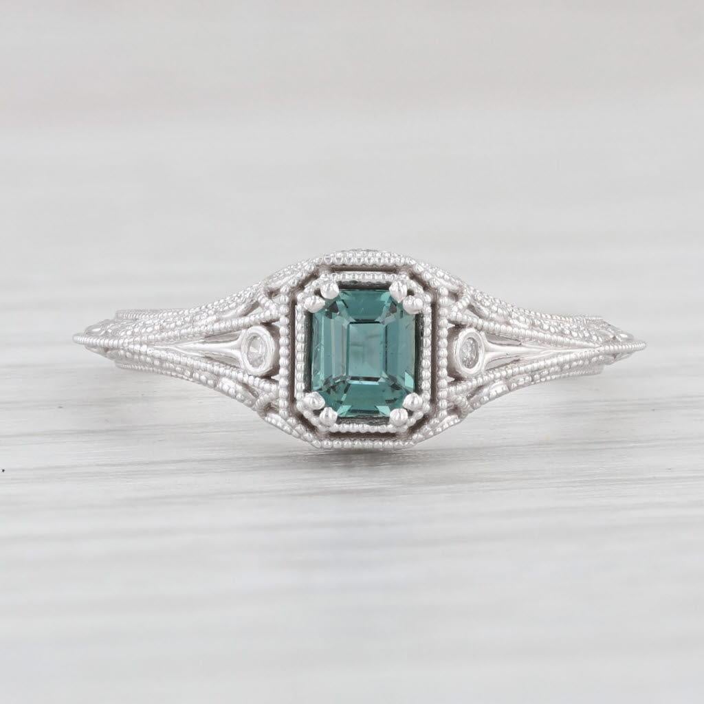 Emerald Cut New 0.30ct Green Alexandrite Solitaire Ring 14k Gold Size 6.5 Floral Filigree For Sale