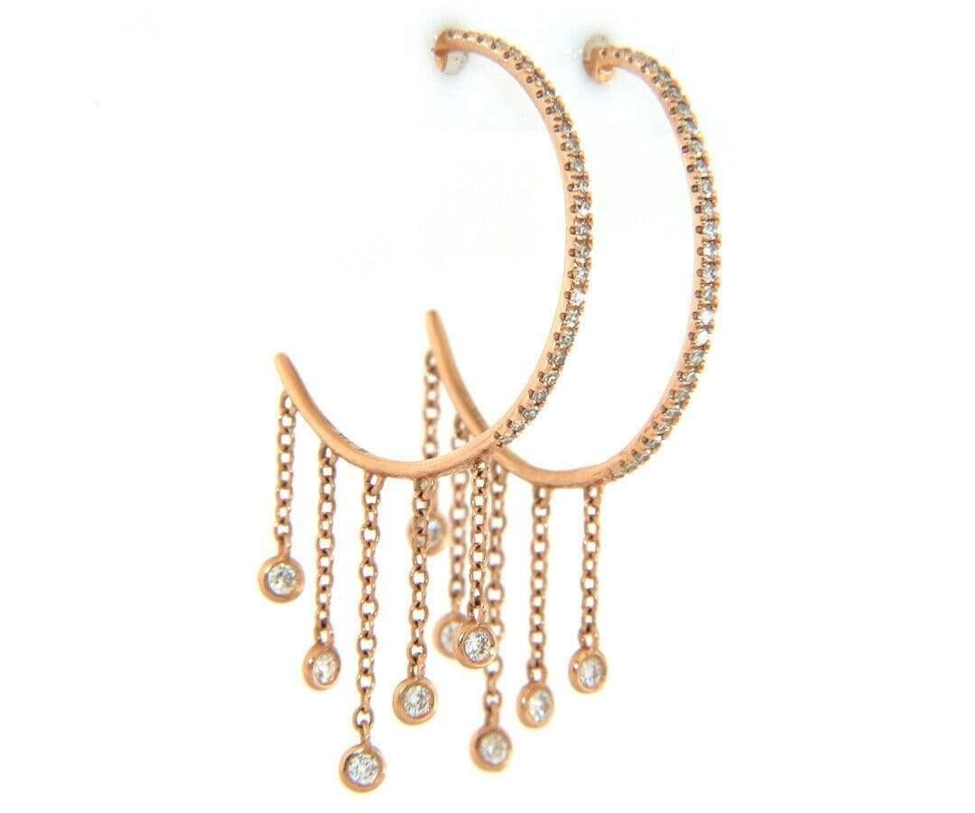 New 0.33ctw Diamond Hoop Dangle Bezel Set Earrings in 14K Rose Gold In New Condition For Sale In Vienna, VA