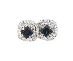 New 0.50ctw Princess Sapphire and Diamond Double Halo Stud Earrings in 18K