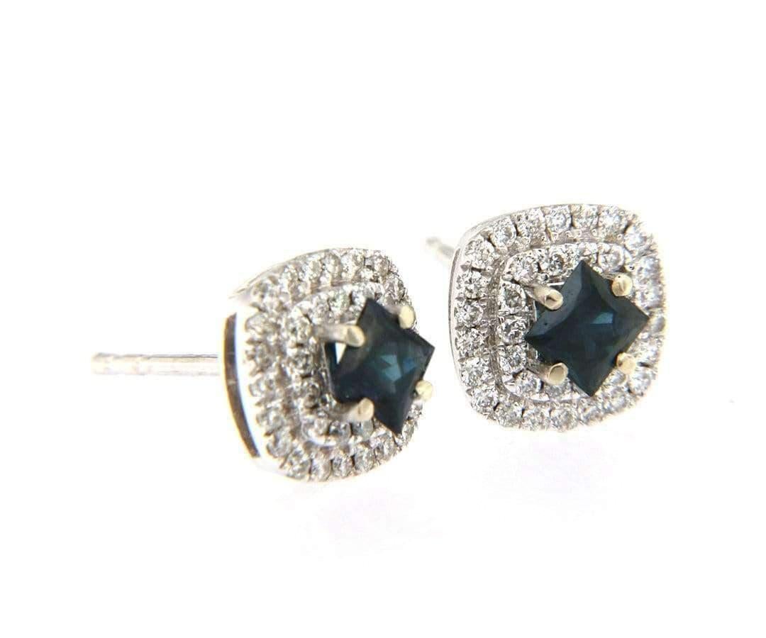 Princess Cut New 0.50ctw Princess Sapphire and Diamond Double Halo Stud Earrings in 18K For Sale