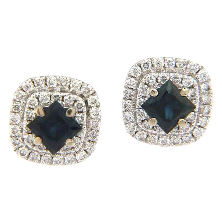 New 0.50ctw Princess Sapphire and Diamond Double Halo Stud Earrings in 18K For Sale