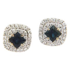 New 0.50ctw Princess Sapphire and Diamond Double Halo Stud Earrings in 18K