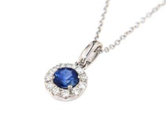 New 0.50ctw Round Sapphire and Diamond Halo Pendant Necklace in 14K