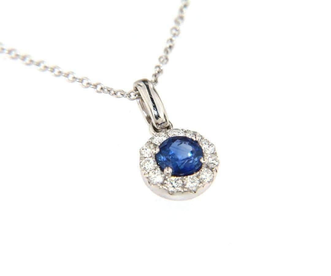 Round Cut New 0.50ctw Round Sapphire and Diamond Halo Pendant Necklace in 14K For Sale