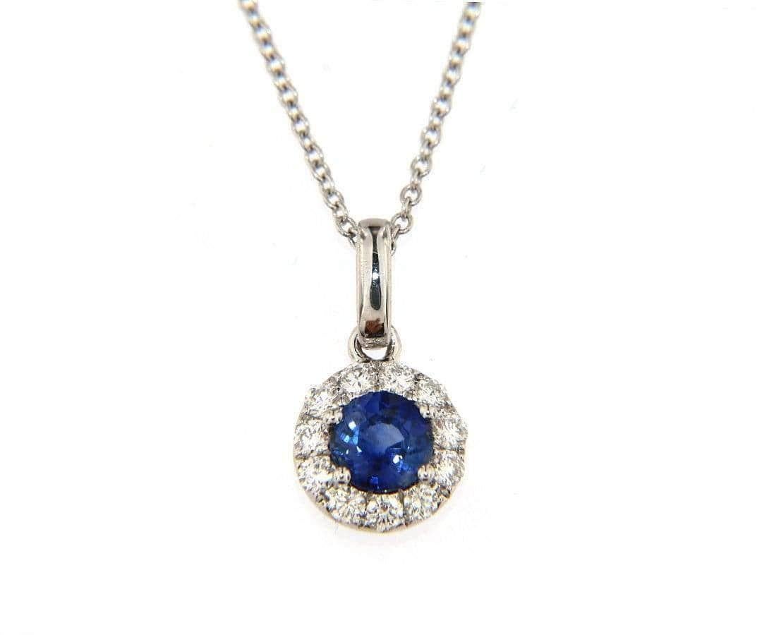 New 0.50ctw Round Sapphire and Diamond Halo Pendant Necklace in 14K In New Condition For Sale In Vienna, VA