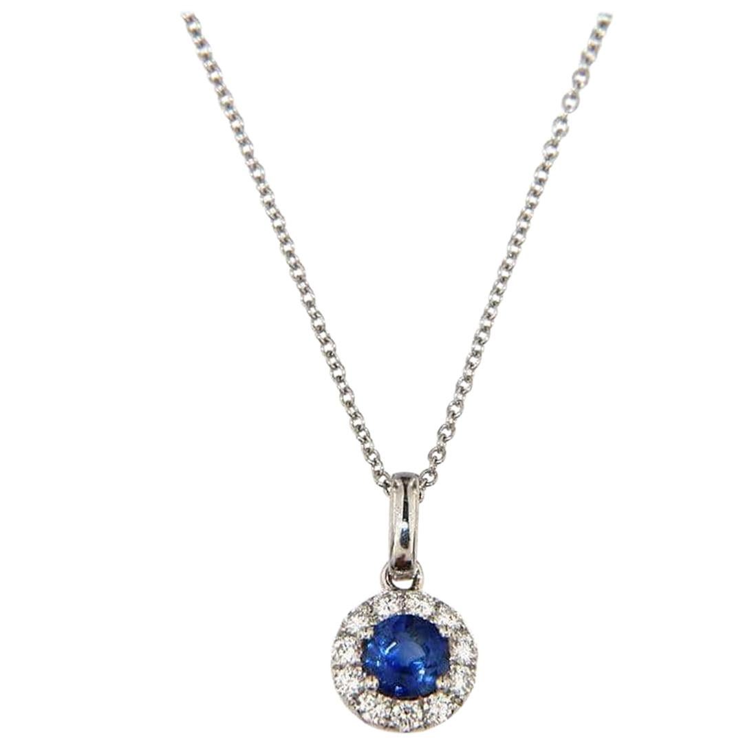 New 0.50ctw Round Sapphire and Diamond Halo Pendant Necklace in 14K For Sale