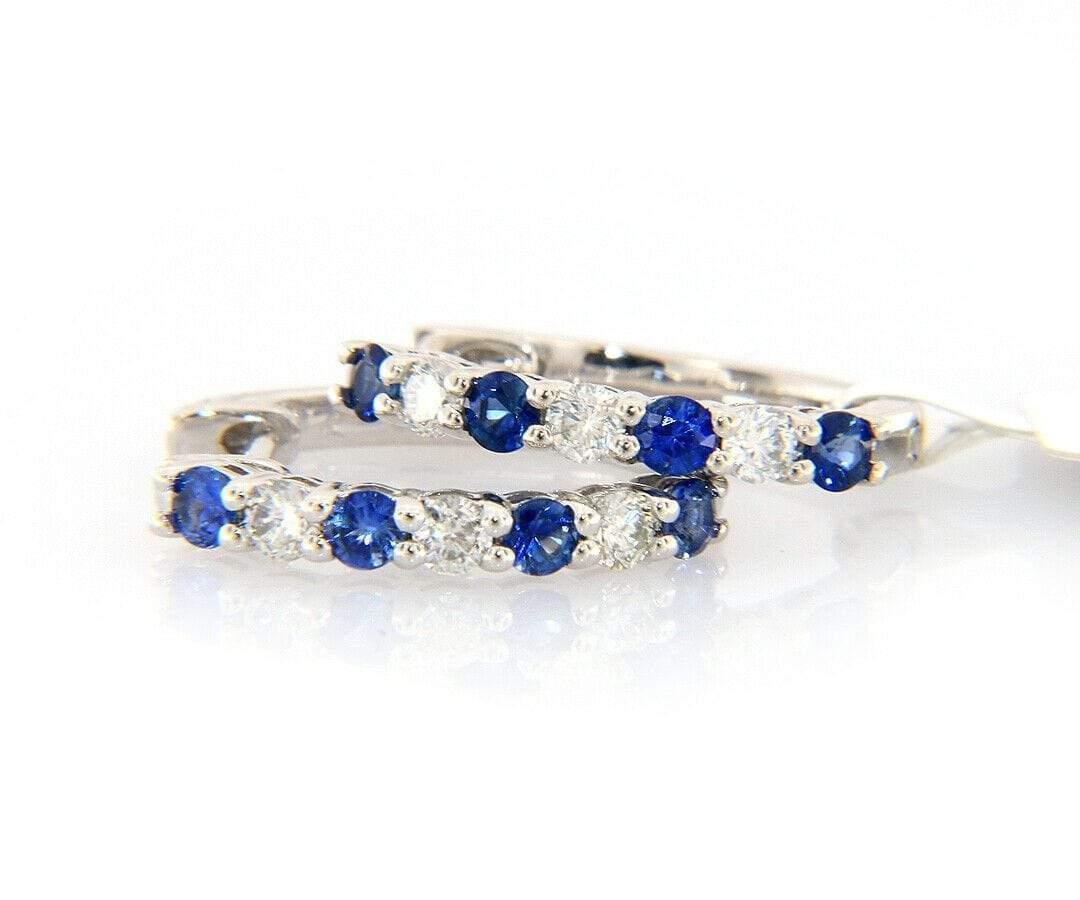 Round Cut New 0.61ctw Sapphire and 0.35ctw Diamond Huggie Hoop Earrings in 14K White Gold For Sale