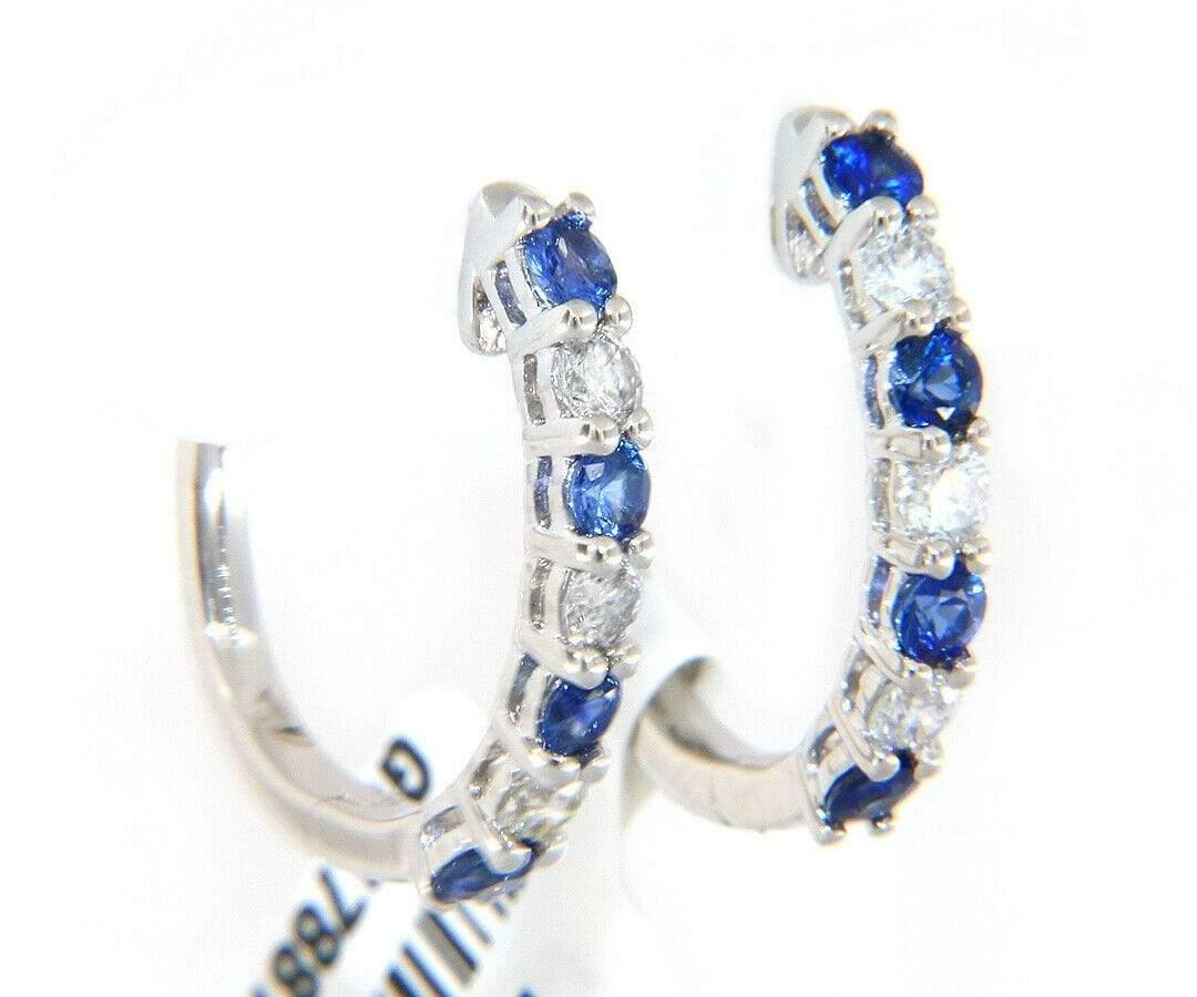 New 0.61ctw Sapphire and 0.35ctw Diamond Huggie Hoop Earrings in 14K White Gold In New Condition For Sale In Vienna, VA