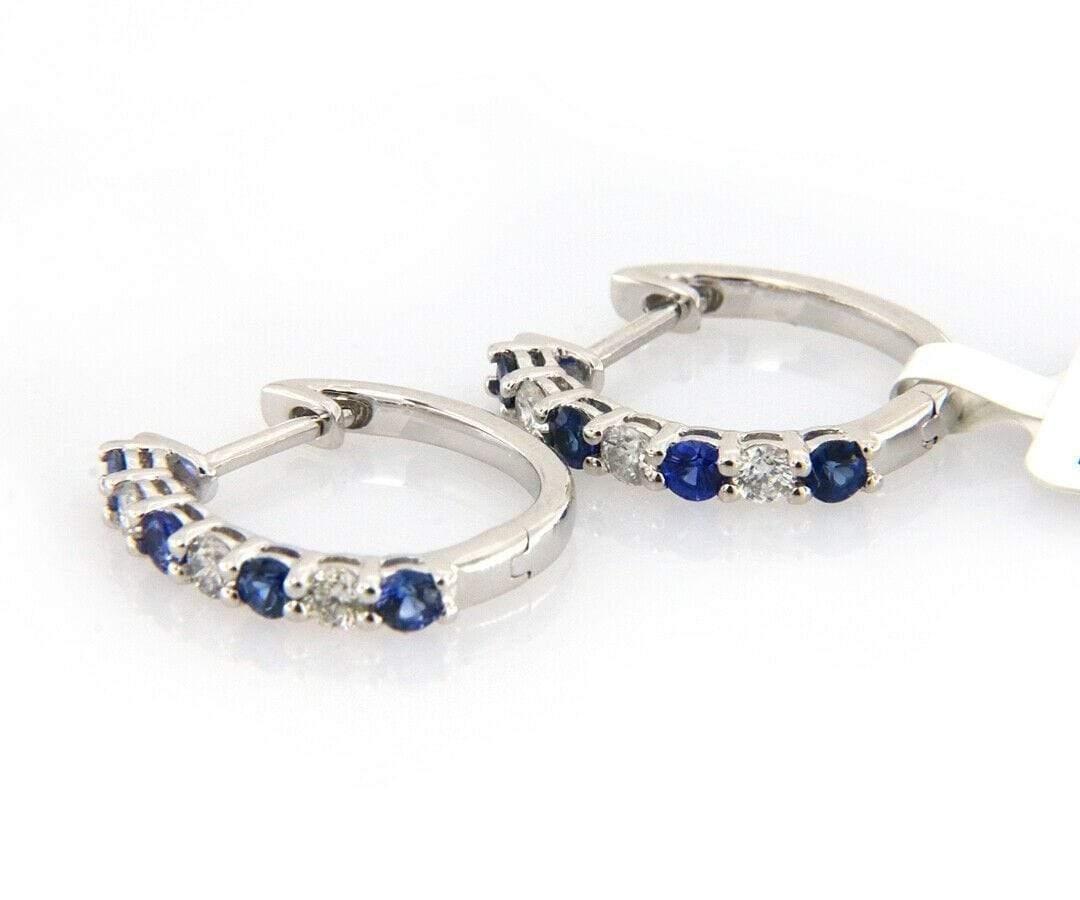 Women's New 0.61ctw Sapphire and 0.35ctw Diamond Huggie Hoop Earrings in 14K White Gold For Sale