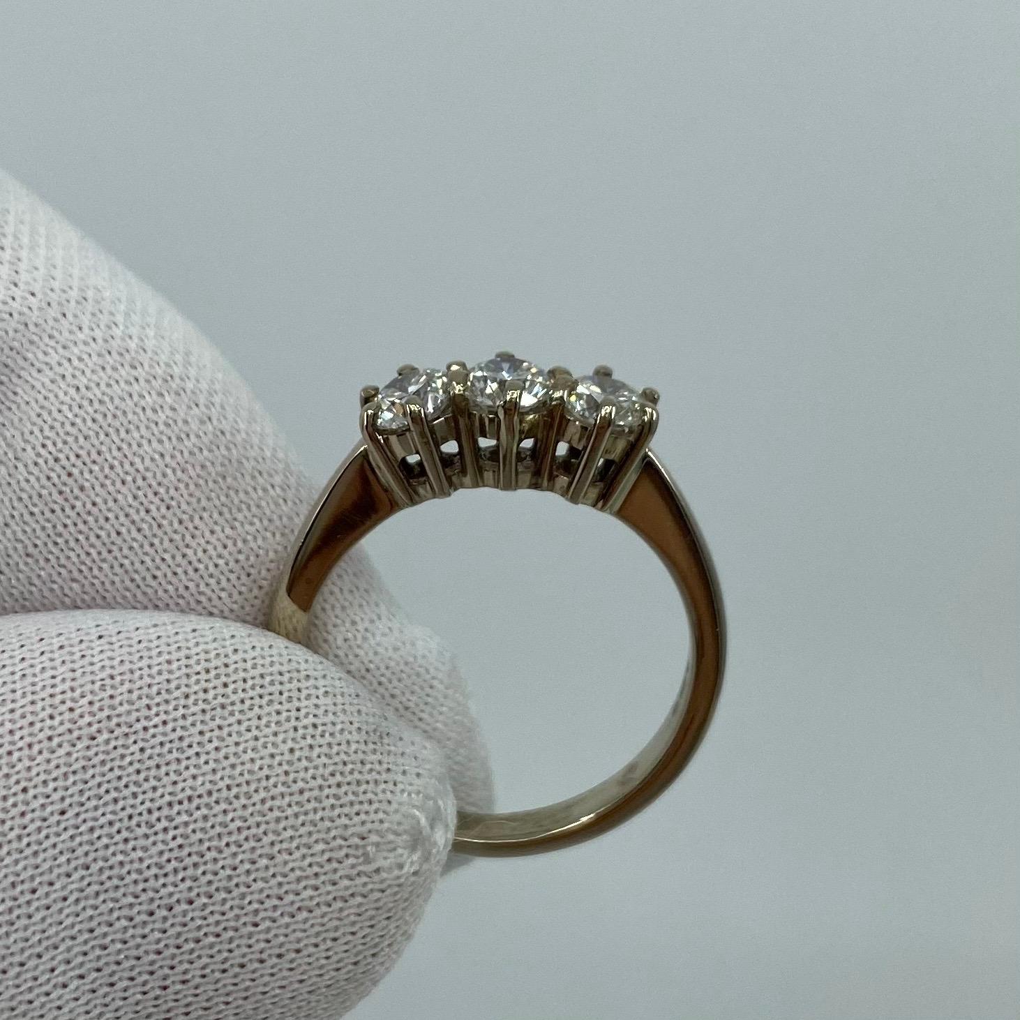 Women's or Men's 0.75 Carat White Diamond Trilogy Three-Stone 18 Karat White Gold Ring For Sale