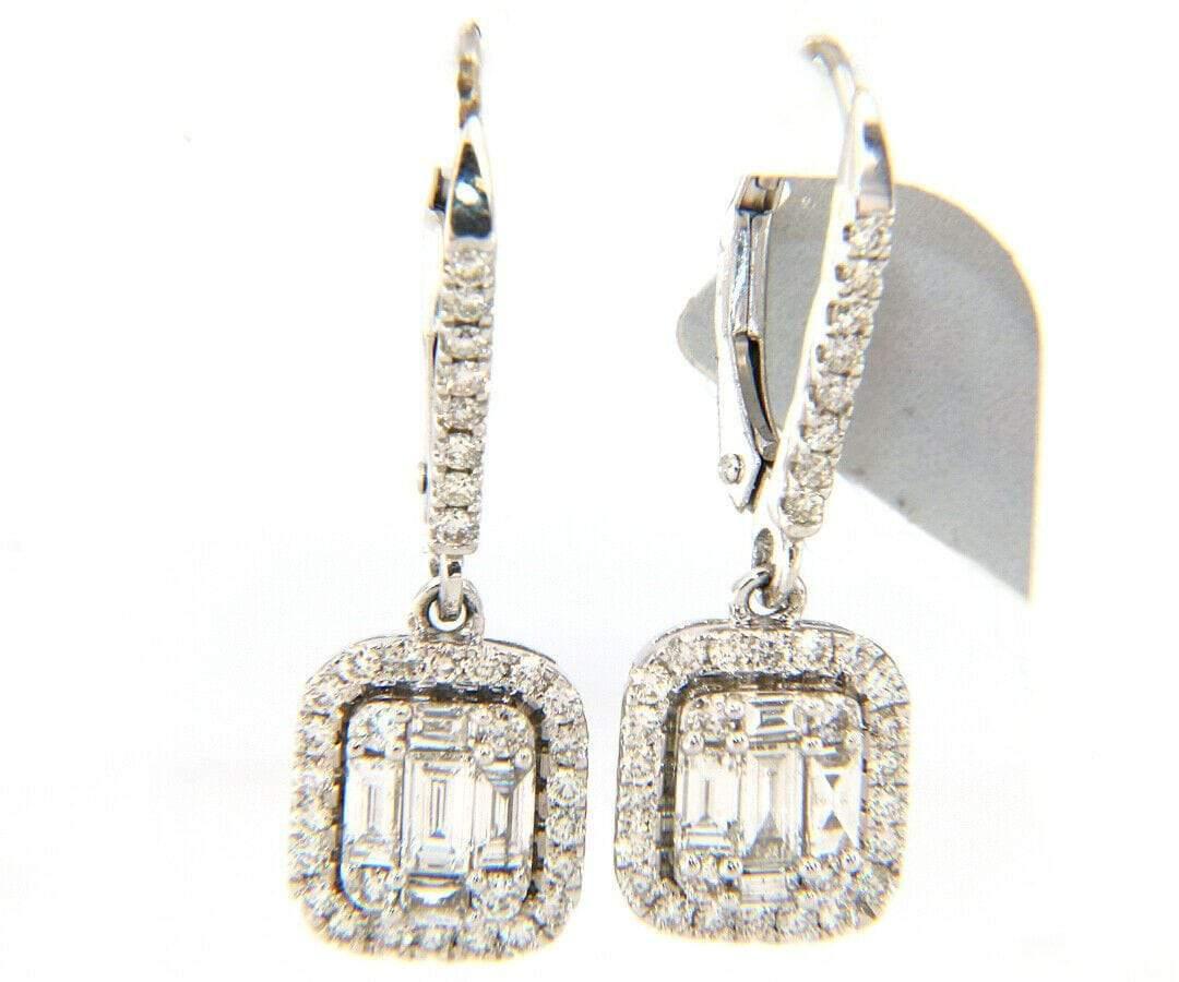 Round Cut New 0.81ctw Baguette and Round Diamond Cluster Frame Dangle Earrings in 14K For Sale