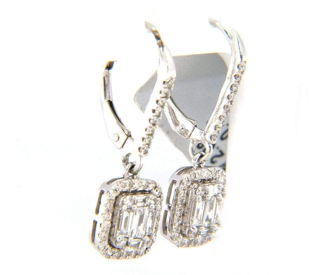 New 0.81ctw Baguette and Round Diamond Cluster Frame Dangle Earrings in 14K In New Condition For Sale In Vienna, VA