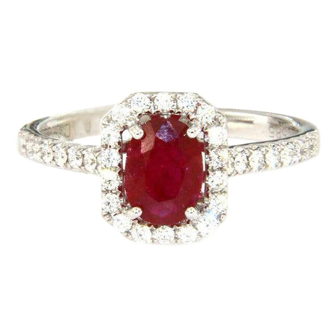 New 0.94 CT Ruby Ring with Diamond Halo in 14K For Sale