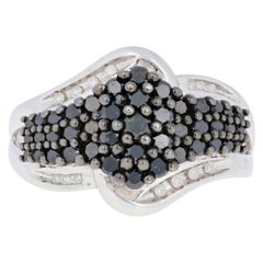 New 1.00ctw Single Ct Black & White Diamond Ring Silver Cluster Bypass Women's