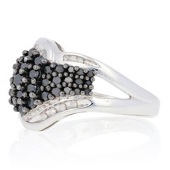 New 1.00ctw Single Cut Black & White Diamond Ring, Silver Cluster Bypass