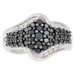 New 1.00ctw Single Cut Black & White Diamond Ring, Silver Cluster Bypass