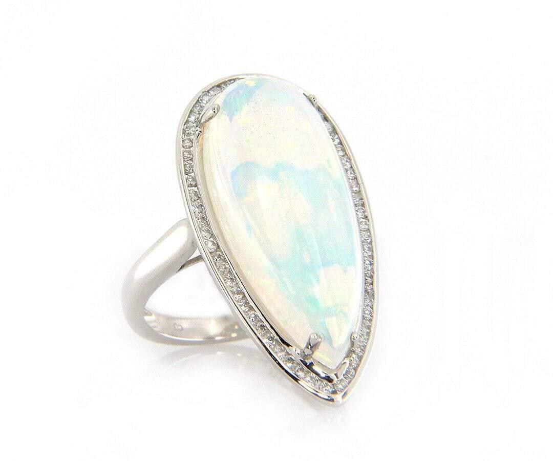 Pear Cut New 10.13ct Pear Ethiopian Opal and 0.39ctw Diamond Frame Ring in 14K White Gold