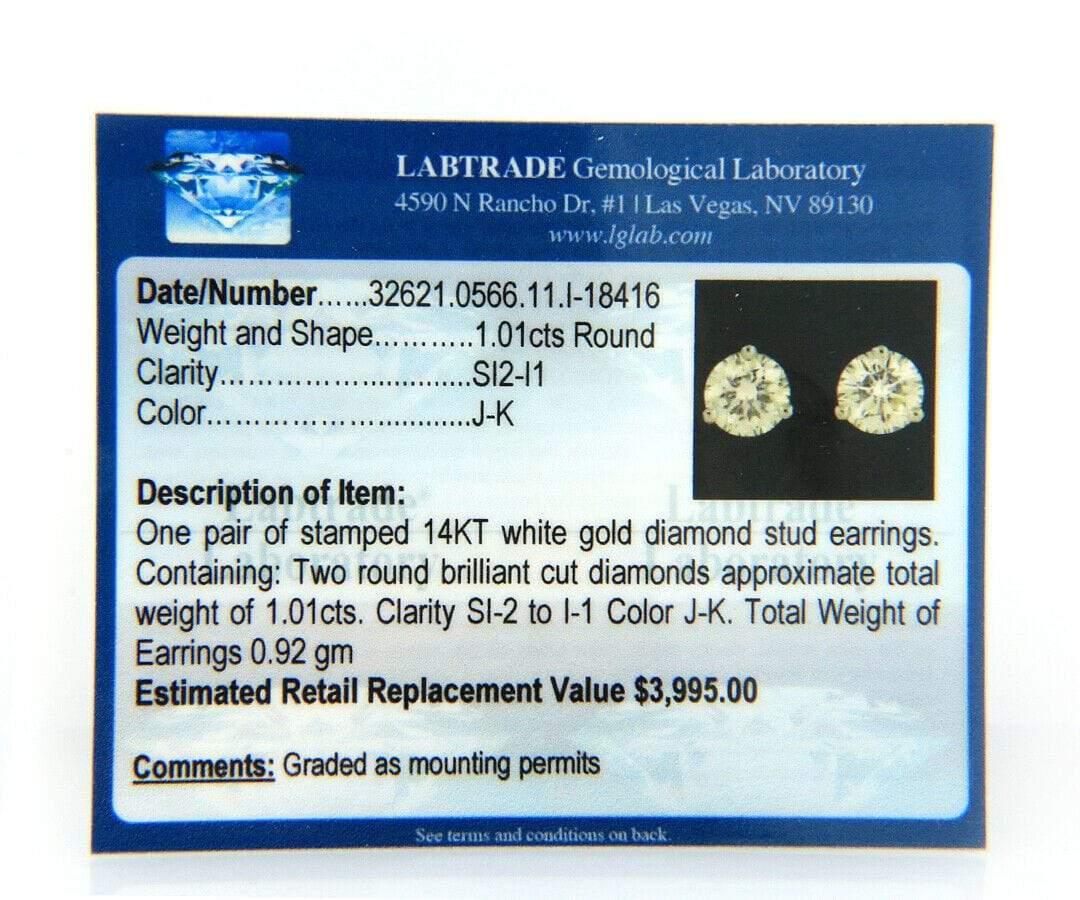 New 1.01ctw Round Diamond Solitaire Stud Earrings in 14K

Round Diamond Solitaire Stud Earrings
14K White Gold
Diamonds Carat Weight: Approx. 1.01ctw
Clarity: SI2 – I1
Color: J – K
Weight: Approx. 0.92 Grams
Stamped: 14K

Condition:
Offered for your