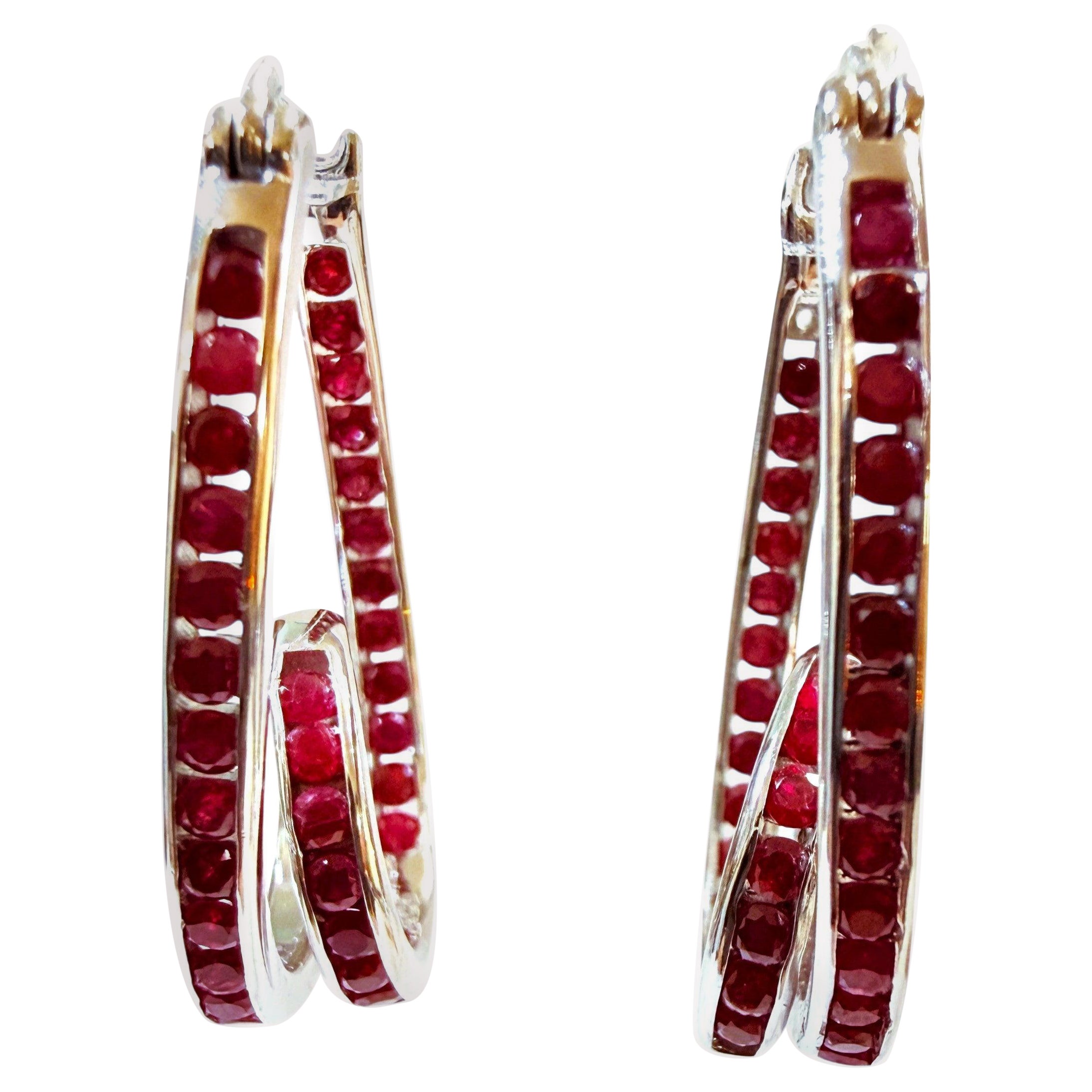 New 1.05 Carat Myanmar Ruby 14k White Gold PL Swirled Hoop Sterling Earrings