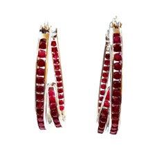 New 1.05 Carat Myanmar Ruby 14k White Swirled Hoop Sterling Earrings