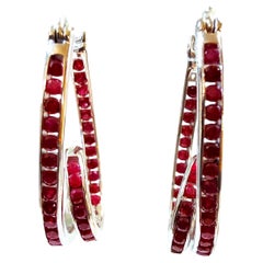 New 1.05 Carat Myanmar Ruby 14k White Swirled Hoop Sterling Earrings