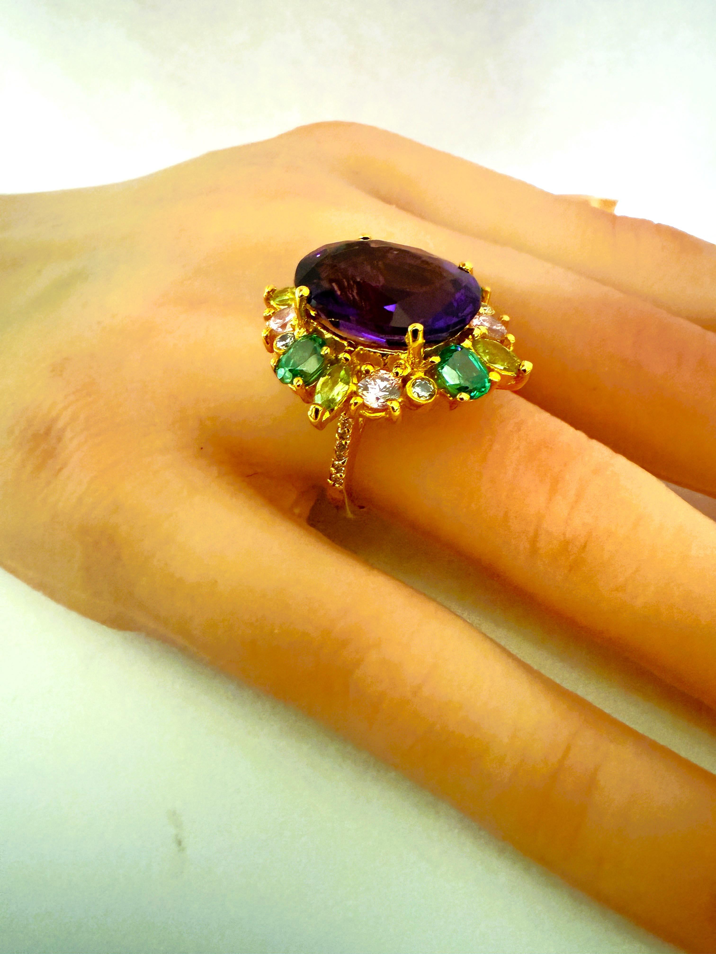 New 10.7 Oval Cut Amethyst & Diamond Cut Sapphire 24K Rose Gold PL Ring 2