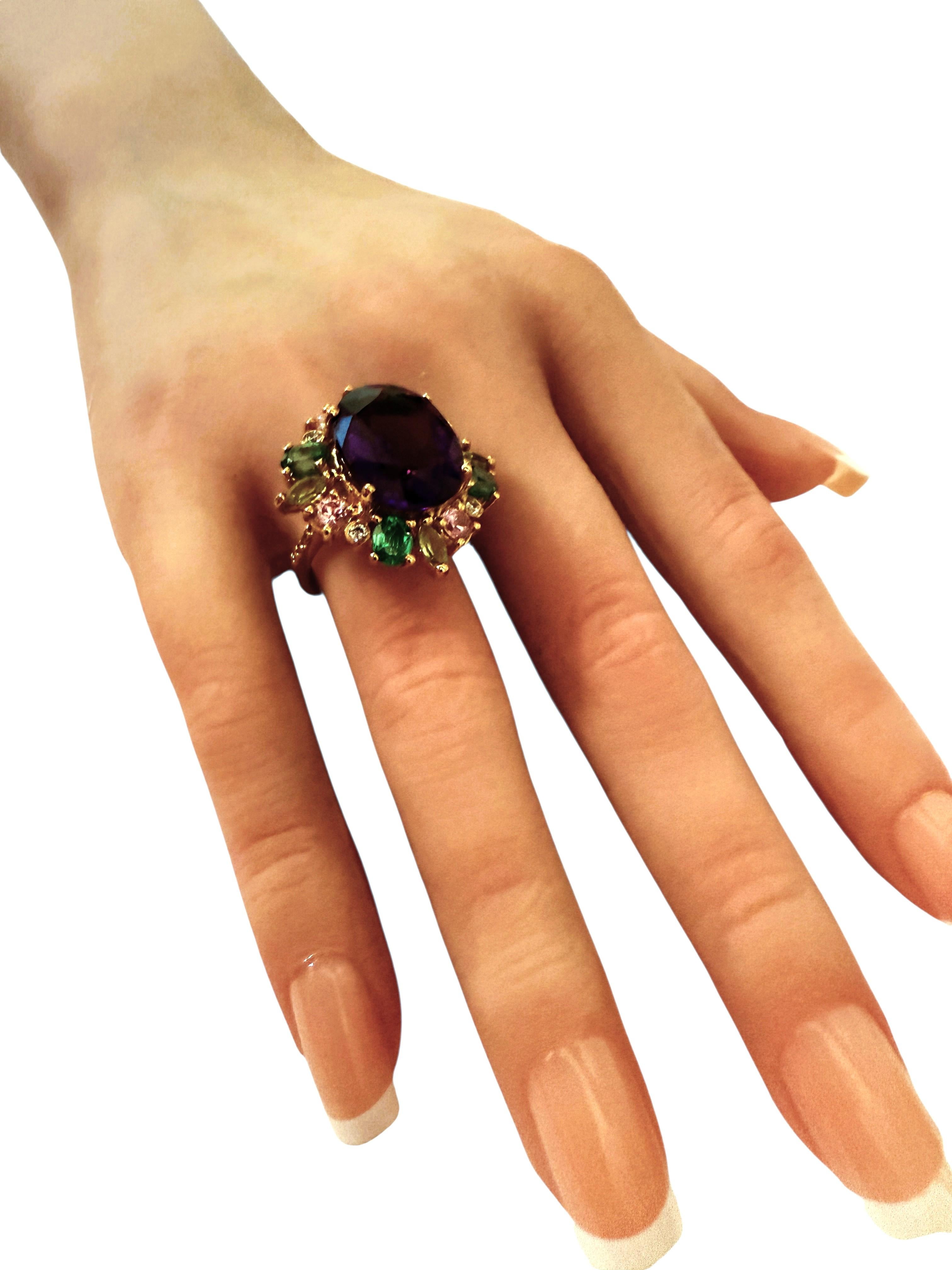 New 10.7 Oval Cut Amethyst & Diamond Cut Sapphire 24K Rose Gold PL Ring 3