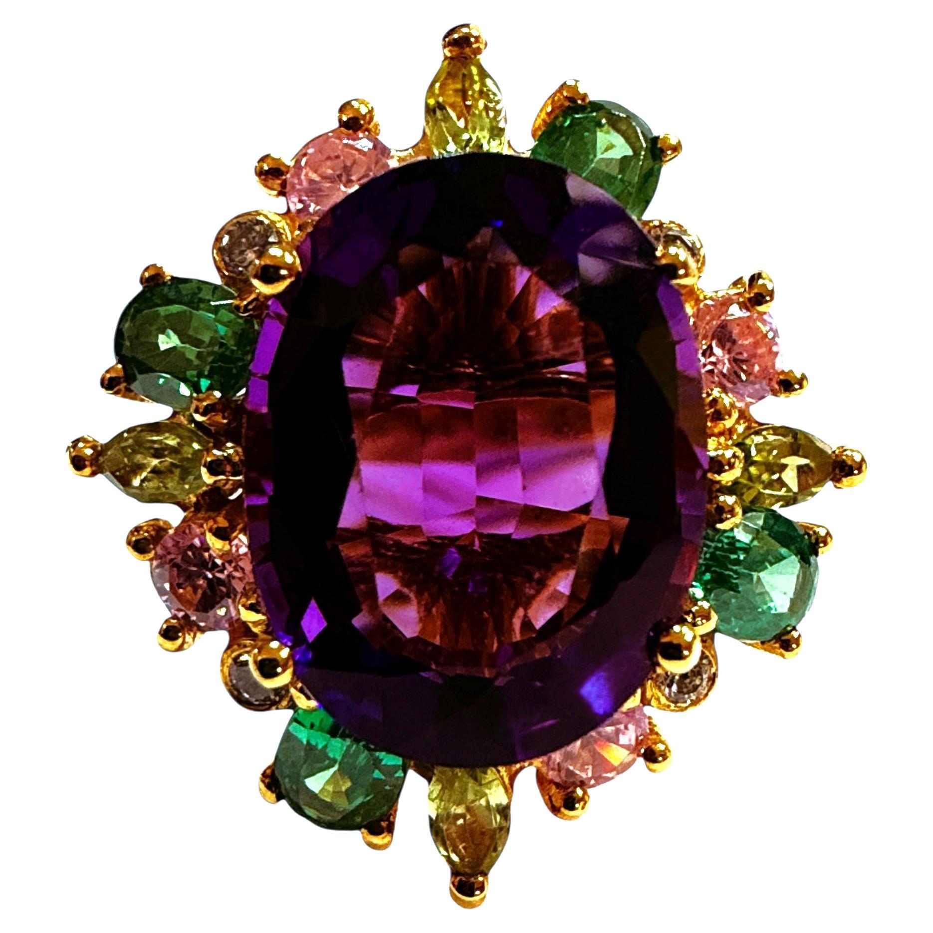 New 10.7 Oval Cut Amethyst 
Diamond Cut Sapphire 24K Rose Gold PL Ring