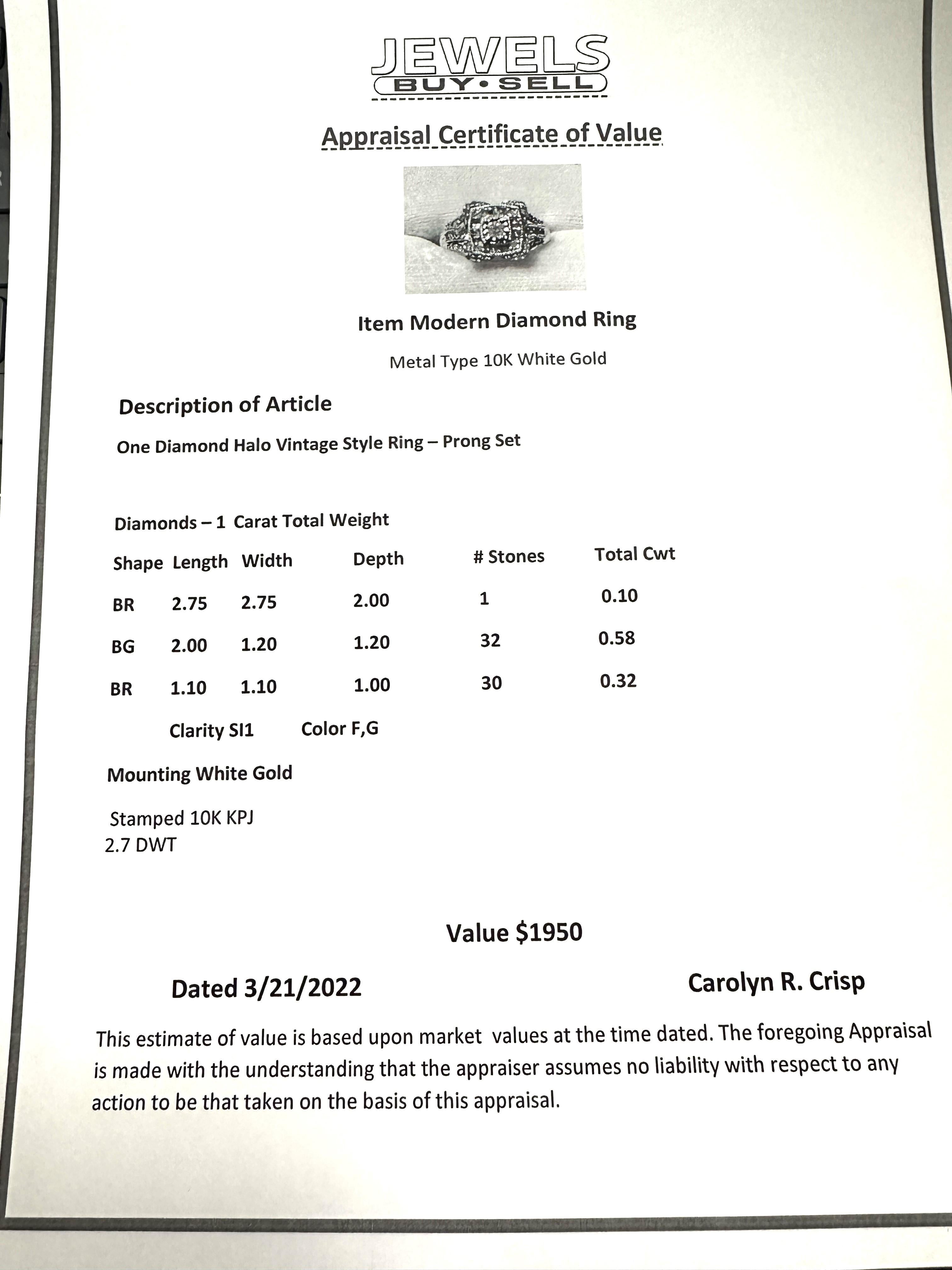 Neuer 10k WG Vintage 1 Karat Diamantring Größe 7 mit Bewertung 3