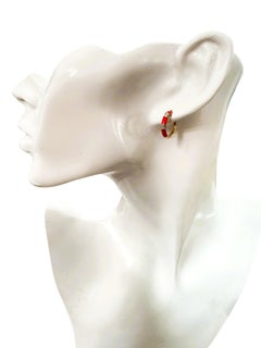 New 10k Yellow Gold Coral Enamel & .13 carat Diamond Bamboo Hoop Earrings